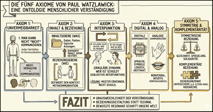 Sketchnote auf beige-farbenem Hintergrund mit schwarzen Konturen und Akzenten in Gold und Braun.

Oben spannt sich ein Banner mit dem Titel ‚Die fünf Axiome von Paul Watzlawick: Eine Ontologie menschlicher Verständigung', darüber in kleinerer Schrift ‚paul watzlawick'.

Der Hauptbereich zeigt fünf nebeneinanderstehende Panels, die durch Pfeile von links nach rechts verbunden sind.

Das erste Panel trägt die Überschrift ‚Axiom 1: Unvermeidbarkeit'. Eine stehende Figur mit verschränkten Armen ist abgebildet, darunter die Aussage ‚Man kann nicht *nicht* kommunizieren. Jedes Verhalten ist Kommunikation.' Darunter zwei Köpfe im Profil mit einem Doppelpfeil zwischen ihnen und der Notiz ‚Nicht-Verhalten = Kommunikation'.

Das zweite Panel trägt die Überschrift ‚Axiom 2: Inhalt & Beziehung'. Eine Ordner-Ikone steht für die Inhaltsebene mit ‚Daten, Fakten, logische Aussagen.' Darunter zwei Figuren beim Händeschütteln für die Beziehungsebene. Ein Pfeil zeigt: ‚Dominiert Inhalt, wenn gestört.' Unten: ‚Definiert den Kontext. Metakommunikation.'

Das dritte Panel trägt die Überschrift ‚Axiom 3: Interpunktion'. Zwei Sprechblasen zeigen den Kreislauf: ‚A: Ich ziehe mich zurück, weil du nörgelst' und ‚B: Ich nörgle, weil du dich zurückziehst.' Darunter: ‚Zirkuläre Dynamik. Wer ist schuld? (Subjektive Interpunktion)' und ‚Lösung: Muster erkennen, nicht Schuld.'

Das vierte Panel trägt die Überschrift ‚Axiom 4: Digital & Analog'. Links stehen Binärziffern mit einem Gehirn für digitale Kommunikation: ‚Sprache, Symbole. Logisch, abstrakt.' Rechts eine Hand und Lippen für analoge Kommunikation: ‚Nonverbal, intuitiv. Körperausdruck.'

Das fünfte Panel trägt die Überschrift ‚Axiom 5: Symmetrie & Komplementarität'. Eine Waage mit zwei gleichwertigen Figuren steht für die symmetrische Beziehung: ‚Gleichheit, Spiegelung. Solidarität.' Darunter zwei ineinandergreifende Puzzleteile für die komplementäre Beziehung: ‚Sich ergänzende Unterschiede (z.B. Eltern-Kind). Hierarchie.'

Unten mittig ein Fazit-Banner mit drei Punkten: ‚Unausweichlichkeit der Verständigung. Beziehungsgestaltung statt Technik. Bewusste Resonanz schafft unsere Welt.'