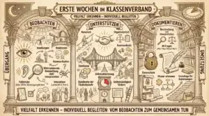 Illustration auf beige-farbenem Hintergrund mit schwarzen Konturen und Akzenten in Gold und Braun. Ornamentaler Rahmen mit korinthischen Säulen und Palmen. Oben links Halbmond mit Sternen, oben rechts eine Sonnenuhr. Oben mittig ein Banner: ‚Erste Wochen im Klassenverband – Vielfalt erkennen – Individuell begleiten'. Drei Hauptpanels nebeneinander, verbunden durch Bögen und Säulen. Links außen vertikal: ‚Übergang', rechts außen vertikal: ‚Umsetzung'. Links ‚Beobachten': Ein großes Auge und ein Ohr als zentrale Symbole. Ein Teleskop in einer Kuppel. Labels: ‚Handlungen', ‚Reaktionen', ‚Kommunikation', ‚Wahrnehmende Beobachtung statt Interpretation', ‚Fallstricke (Halo-Effekt, Bestätigungsfehler)', ‚Interaktion (Lehrkraft & Peers)'. Eine Lupe mit Fragezeichen und eine durchgestrichene Schere. Mittig ‚Unterstützen': Eine Brücke als Zentralmetapher, darüber ein Händedruck. Vier Unterstützungsformen: ‚Motorisch', ‚Organisatorisch' mit Organigramm, ‚Kommunikativ' mit Megafon und Figuren, ‚Emotional' mit Herz und umarmenden Figuren. Darunter eine Uhr mit Kalender: ‚Zeitstrukturierung'. Labels: ‚Bandbreite der Förderbedarfe', ‚Selbstständigkeit fördern'. Rechts ‚Dokumentieren': Ein Bücherregal, Schreibfeder, Tintenfass und Aktenordner. Ein goldenes Vorhängeschloss: ‚Datenschutz'. Labels: ‚Beschreibung statt Interpretation', ‚W-Fragen (Wer? Was? Wann? Wo?)', ‚Muster erkennen', ‚Grundlage für Anpassungen'. Unten ein Banner: ‚Vielfalt erkennen – Individuell begleiten: Vom Beobachten zum gemeinsamen Tun.'