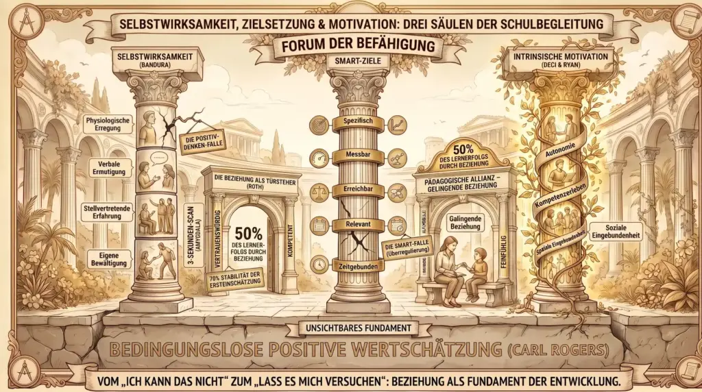 Illustration auf beige-farbenem Hintergrund mit schwarzen Konturen und Akzenten in Gold und Braun. Architektonischer Säulenhof mit Palmen und blühenden Pflanzen. Oben zwei Banner: ‚Selbstwirksamkeit, Zielsetzung & Motivation: Drei Säulen der Schulbegleitung' und ‚Forum der Befähigung'. Drei Säulen nebeneinander. Links ‚Selbstwirksamkeit (Bandura)': Eine gebrochene und wieder zusammengewachsene Säule. Vier Quellen mit Figuren: ‚Eigene Bewältigung' – kniende Figur, ‚Stellvertretende Erfahrung' – zwei Figuren im Dialog, ‚Verbale Ermutigung' – Sprechblase, ‚Physiologische Erregung'. Daneben ein Kasten: ‚Die Positiv-Denken-Falle'. Mittig ‚SMART-Ziele': Eine ornamentale Säule mit fünf Etagen und Icons: ‚Spezifisch' mit Zielscheibe, ‚Messbar' mit Diagramm, ‚Erreichbar' mit Waage, ‚Relevant' mit Netzwerk, ‚Zeitgebunden' mit Kalender. Daneben ein durchgestrichenes X: ‚Die SMART-Falle (Überregulierung)'. Zwischen linker und mittlerer Säule ein Torbogen: ‚Die Beziehung als Türsteher (Roth)' mit Labels: ‚3-Sekunden-Scan (Amygdala)', ‚Vertrauenswürdig', ‚Kompetent', ‚50% des Lernerfolgs durch Beziehung', ‚70% Stabilität der Ersteinschätzung'. Zwischen mittlerer und rechter Säule: ‚50% des Lernerfolgs durch Beziehung', ‚Pädagogische Allianz – Gelingende Beziehung' mit einer Schulbegleiterin und Kind auf einer Bank. Labels: ‚Gelingende Beziehung', ‚Vertrauenswürdig', ‚Feinfühlig', ‚Brücke'. Rechts ‚Intrinsische Motivation (Deci & Ryan)': Eine mit Blättern und Efeu umrankte, leuchtende Säule mit drei Etagen: ‚Autonomie', ‚Kompetenzerleben', ‚Soziale Eingebundenheit'. Unten ein Fundament mit Band: ‚Unsichtbares Fundament – Bedingungslose positive Wertschätzung (Carl Rogers)'. Unten ein Banner: ‚Vom „Ich kann das nicht" zum „Lass es mich versuchen": Beziehung als Fundament der Entwicklung.'