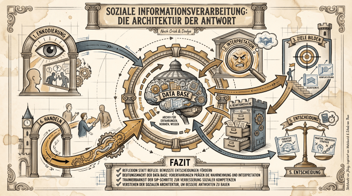 Sketchnote auf beige-farbenem, leicht vergilbtem Hintergrund mit schwarzen Konturen und Akzenten in Gold, Braun und Blaugrau. Unten rechts ein handschriftlicher Hinweis: ‚Verbindet nach Watzlawick & Schulz von Thun'.
Oben mittig ein Banner mit dem Titel ‚Soziale Informationsverarbeitung: Die Architektur der Antwort', darunter in kleinerer Schrift ‚Nach Crick & Dodge'.
Im Zentrum der Sketchnote ein großes Gehirn mit der Aufschrift ‚Data Base – Archiv für Erfahrungen, Normen, Wissen', umgeben von Zahnrädern.
Um die Data Base herum verlaufen sechs Schritte als Kreislauf mit Pfeilen. Links oben ‚1. Enkodierung': Ein Auge in einem Torbogen beobachtet eine soziale Szene mit zwei Figuren und einer Uhr. Oben mittig ‚2. Interpretation': Eine wütende Gesichtsmaske unter einer Lupe mit einer Gedankenwolke. Oben rechts ‚3. Ziele bilden': Eine Figur auf einer Treppe mit Zielscheibe, darunter die Begriffe ‚Konfliktlösung' und ‚Selbstschutz'. Unten rechts ‚4. Reaktionssuche': Ein Aktenschrank mit Schubladen als Archiv für Handlungsoptionen. Ebenfalls unten rechts ‚5. Entscheidung': Eine Waage mit ‚Prosoziale Strategie' auf einer Seite und ‚Reaktive/Aggressive Strategie' auf der anderen. Links unten ‚6. Handeln': Zwei Figuren in einem Torbogen beim Dialog.
Unten ein Fazit-Banner mit vier Punkten: ‚Reflexion statt Reflex: Bewusste Entscheidungen fördern. Deutungsmacht der Data Base: Vorerfahrungen prägen die Wahrnehmung und Interpretation. Trainierbarkeit der SIP-Schritte zur Verbesserung sozialer Kompetenzen. Verstehen der sozialen Architektur, um bessere Antworten zu bauen.'