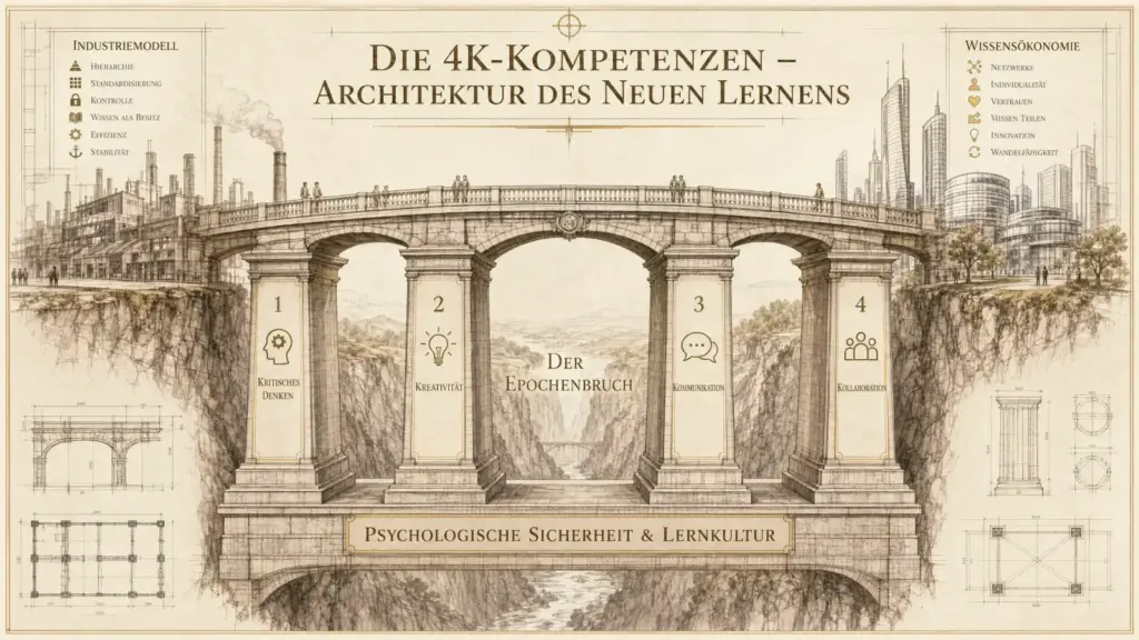 Sketchnote im Pergamentstil: Eine steinerne Brücke im Architekturzeichnungs-Stil überspannt eine Schlucht und verbindet zwei Welten. Links das "Industriemodell" mit rauchenden Fabrikschloten und Symbolen für Hierarchie, Standardisierung, Kontrolle und Effizienz. Rechts die "Wissensökonomie" mit einer modernen Glas-Skyline und Symbolen für Netzwerke, Vertrauen, Wissen teilen und Wandelfähigkeit. Die Brücke ruht auf vier Säulen, die von links nach rechts nummeriert und mit Icons versehen sind: 1 Kritisches Denken (Kopf mit Zahnrad), 2 Kreativität (Glühbirne), 3 Kommunikation (Sprechblasen), 4 Kollaboration (Personengruppe). Zwischen den mittleren Säulen, über einem Fluss in der Schlucht, steht der Schriftzug "Der Epochenbruch". Am Fuß der Säulen verbindet ein Sockel mit der Aufschrift "Psychologische Sicherheit & Lernkultur" alle vier Pfeiler als gemeinsames Fundament. In den Ecken sind technische Detailskizzen von Brückenbögen und Säulenquerschnitten zu sehen, passend zum Architekturplan-Charakter der Illustration.Sketchnote im Pergamentstil: Eine steinerne Brücke im Architekturzeichnungs-Stil überspannt eine Schlucht und verbindet zwei Welten. Links das "Industriemodell" mit rauchenden Fabrikschloten und Symbolen für Hierarchie, Standardisierung, Kontrolle und Effizienz. Rechts die "Wissensökonomie" mit einer modernen Glas-Skyline und Symbolen für Netzwerke, Vertrauen, Wissen teilen und Wandelfähigkeit. Die Brücke ruht auf vier Säulen, die von links nach rechts nummeriert und mit Icons versehen sind: 1 Kritisches Denken (Kopf mit Zahnrad), 2 Kreativität (Glühbirne), 3 Kommunikation (Sprechblasen), 4 Kollaboration (Personengruppe). Zwischen den mittleren Säulen, über einem Fluss in der Schlucht, steht der Schriftzug "Der Epochenbruch". Am Fuß der Säulen verbindet ein Sockel mit der Aufschrift "Psychologische Sicherheit & Lernkultur" alle vier Pfeiler als gemeinsames Fundament. In den Ecken sind technische Detailskizzen von Brückenbögen und Säulenquerschnitten zu sehen, passend zum Architekturplan-Charakter der Illustration.