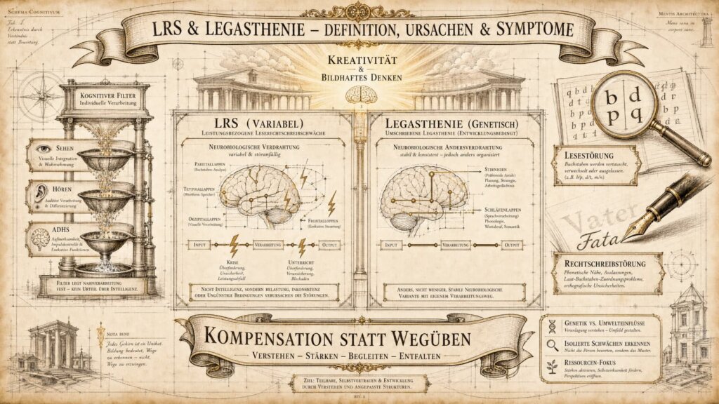 Sketchnote auf beige-farbenem Hintergrund mit schwarzen Konturen und Akzenten in Gold. Architektonisch-wissenschaftlicher Stil mit lateinischen Notizen in den Ecken: ‚Schema Cognitivum', ‚Mentis Architectura', ‚Mens sana in corpore sano'.
Oben mittig ein Banner: ‚LRS & Legasthenie – Definition, Ursachen & Symptome'. Darunter ‚Kreativität & Bildhaftes Denken' mit einem Gehirn.
Links ein Trichter-System ‚Kognitiver Filter – Individuelle Verarbeitung' mit drei Ebenen: Sehen (Visuelle Integration & Wahrnehmung), Hören (Auditive Verarbeitung & Differenzierung), ADHS (Aufmerksamkeit, Impulskontrolle & Exekutive Funktionen). Darunter: ‚Filter legt Nahverarbeitung fest – kein Urteil über Intelligenz.'
Mittig links ein Panel ‚LRS (Variabel) – Leistungsbezogene Leserechtschreibschwäche': Ein Gehirn mit instabilen Verbindungen zwischen Parietallappen, Temporallappen, Okzipitallappen und Frontallappen. Input-Verarbeitung-Output-Kette mit Blitzen. Darunter: ‚Nicht Intelligenz, sondern Belastung, Inkonsistenz oder ungünstige Bedingungen verursachen die Störungen.'
Mittig rechts ein Panel ‚Legasthenie (Genetisch) – Umschriebene Legasthenie (Entwicklungsbedingt)': Ein Gehirn mit stabilen, anders organisierten Verbindungen zu Stirnhirn und Schläfenlappen. Darunter: ‚Anders, nicht weniger. Stabile neurobiologische Variante mit eigenem Verarbeitungsweg.'
Rechts oben eine Lupe über verwirrten Buchstaben b/d/p/q. Darunter ‚Lesestörung': Buchstaben werden vertauscht, verwechselt oder ausgelassen. Darunter ‚Rechtschreibstörung': Phonetische Nähe, Auslassungen, Laut-Buchstaben-Zuordnungsprobleme.
Unten links ein Nota-bene-Kasten: ‚Jedes Gehirn ist ein Unikat. Bildung bedeutet, Wege zu erkennen – nicht, Wege zu erzwingen.'
Unten mittig ein Banner: ‚Kompensation statt Wegüben – Verstehen – Stärken – Begleiten – Entfalten'. Darunter: ‚Ziel: Teilhabe, Selbstvertrauen & Entwicklung durch Verstehen und angepasste Strukturen.'
Unten rechts drei Icons: Genetik vs. Umwelteinflüsse, Isolierte Schwächen erkennen, Ressourcen-Fokus