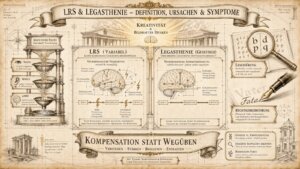 Sketchnote auf beige-farbenem Hintergrund mit schwarzen Konturen und Akzenten in Gold. Architektonisch-wissenschaftlicher Stil mit lateinischen Notizen in den Ecken: ‚Schema Cognitivum', ‚Mentis Architectura', ‚Mens sana in corpore sano'. Oben mittig ein Banner: ‚LRS & Legasthenie – Definition, Ursachen & Symptome'. Darunter ‚Kreativität & Bildhaftes Denken' mit einem Gehirn. Links ein Trichter-System ‚Kognitiver Filter – Individuelle Verarbeitung' mit drei Ebenen: Sehen (Visuelle Integration & Wahrnehmung), Hören (Auditive Verarbeitung & Differenzierung), ADHS (Aufmerksamkeit, Impulskontrolle & Exekutive Funktionen). Darunter: ‚Filter legt Nahverarbeitung fest – kein Urteil über Intelligenz.' Mittig links ein Panel ‚LRS (Variabel) – Leistungsbezogene Leserechtschreibschwäche': Ein Gehirn mit instabilen Verbindungen zwischen Parietallappen, Temporallappen, Okzipitallappen und Frontallappen. Input-Verarbeitung-Output-Kette mit Blitzen. Darunter: ‚Nicht Intelligenz, sondern Belastung, Inkonsistenz oder ungünstige Bedingungen verursachen die Störungen.' Mittig rechts ein Panel ‚Legasthenie (Genetisch) – Umschriebene Legasthenie (Entwicklungsbedingt)': Ein Gehirn mit stabilen, anders organisierten Verbindungen zu Stirnhirn und Schläfenlappen. Darunter: ‚Anders, nicht weniger. Stabile neurobiologische Variante mit eigenem Verarbeitungsweg.' Rechts oben eine Lupe über verwirrten Buchstaben b/d/p/q. Darunter ‚Lesestörung': Buchstaben werden vertauscht, verwechselt oder ausgelassen. Darunter ‚Rechtschreibstörung': Phonetische Nähe, Auslassungen, Laut-Buchstaben-Zuordnungsprobleme. Unten links ein Nota-bene-Kasten: ‚Jedes Gehirn ist ein Unikat. Bildung bedeutet, Wege zu erkennen – nicht, Wege zu erzwingen.' Unten mittig ein Banner: ‚Kompensation statt Wegüben – Verstehen – Stärken – Begleiten – Entfalten'. Darunter: ‚Ziel: Teilhabe, Selbstvertrauen & Entwicklung durch Verstehen und angepasste Strukturen.' Unten rechts drei Icons: Genetik vs. Umwelteinflüsse, Isolierte Schwächen erkennen, Ressourcen-Fokus