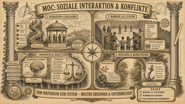 Sketchnote auf beige-farbenem Hintergrund mit schwarzen Konturen und Akzenten in Gold und Braun. Zwei Säulen rahmen die Sketchnote ein.
Oben mittig ein Banner: ‚MOC: Soziale Interaktion & Konflikte'.
Vier Panels um einen zentralen Kompass angeordnet.
Oben links ‚1. Individuelle Basis': Ein Gehirn mit Polyvagal-Hinweis, eine Waage mit Risiko- und Schutzfaktoren, darunter Stressreaktion. Labels: Grundprinzipien, Beziehung vor Methode, Sicherheit vor Leistung, Haltung vor Technik.
Oben mittig ‚2. Interaktion & Eskalation': Eine Wendeltreppe als Eskalationsspirale, ein Rundbau für Clique und Gruppendynamik, eine Brücke zur Veränderung. Labels: Offene Gewalt, Drohungen & Druck, Ausgrenzung, Gerüchte & Kränkung, Spannungen.
Oben rechts ‚3. Mobbing als System': Eine Mauer mit ausgeschlossenen Figuren, eine Unterstützergruppe. Labels: Systemische Dynamiken, Rollen, Normen, Machtstrukturen, Verantwortungslosigkeit, Schweigen.
Unten rechts ‚4. Resilienz & Bewältigung': Ein Baum als Resilienzmetapher, ein Anker. Labels: Selbstwert, Optimismus, Problemlösungskompetenz, Emotionale Regulation, Soziale Unterstützung. Bewältigungsstrategien: Achtsamkeit, Kommunikation, Hilfe suchen, Verantwortung übernehmen.
Unten ein Banner: ‚Vom Individuum zum System – Muster erkennen & unterbrechen'. Fazit: ‚Beziehung als Schutzfaktor. Neurobiologie verstehen. Eskalationsmuster durchbrechen.'