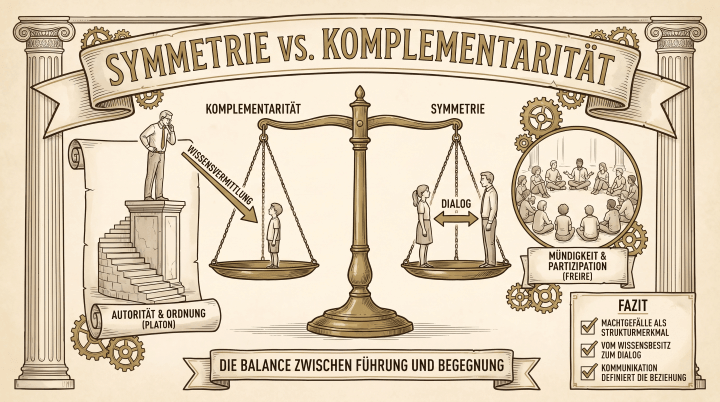 Sketchnote auf beige-farbenem Hintergrund mit schwarzen Konturen und Akzenten in Gold und Braun. Zwei Säulen rahmen die Sketchnote ein.
Oben mittig ein Banner mit dem Titel ‚Symmetrie vs. Komplementarität'.
Im Zentrum eine große Waage. Auf der linken Schale steht ‚Komplementarität' mit einer großen und einer kleinen Figur, die Wissensvermittlung symbolisieren. Auf der rechten Schale steht ‚Symmetrie' mit zwei gleichgroßen Figuren und einem Doppelpfeil mit der Aufschrift ‚Dialog'. Rechts außen ein Kreis mit einer Gruppe am Tisch: ‚Mündigkeit & Partizipation (Freire)'.
Links außen eine Figur auf einem Podest mit Schriftrolle: ‚Autorität & Ordnung (Platon)'.
Unten ein Banner: ‚Die Balance zwischen Führung und Begegnung'. Rechts ein Fazit-Kasten mit drei Punkten: ‚Machtgefälle als Strukturmerkmal. Vom Wissensbesitz zum Dialog. Kommunikation definiert die Beziehung.'