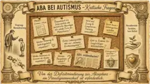 Querformat-Illustration im Pergamentstil mit der Überschrift "ABA bei Autismus – Kritische Fragen". Im Zentrum eine Korkpinnwand mit Notizzetteln in einem Holzrahmen. Oben links ein Zettel "1960er: Lovaas / UCLA" mit einer abgebildeten Fachzeitschrift "Journal of Applied Behavior Analysis". Weitere Zettel mit kritischen Fragen: "Respektiert die Intervention die autistische Neurologie als valide Form des Menschseins?", "Wird auf Zwang & Compliance-Training verzichtet?", "Werden Stimming & Selbstregulation respektiert?" (mit Herzsymbol), "Echte Lebensqualität – oder nur 'normales Erscheinungsbild'?", "Gibt es Evidenz für langfristiges Wohlbefinden?", "Werden Autonomie & Grenzen des Kindes respektiert?" (mit Schlosssymbol) und "Wessen Perspektive zählt?" (mit Fragezeichen). Ein gelber Notizzettel mit traurigem Gesicht trägt die Aufschrift "Quiet Hands = Selbstregulation verboten". Eine Zeitungsausschnitt-Notiz mit Lupe und Balkendiagramm fragt "ABA: evidenzbasiert?". Eine weitere Notiz zeigt einen Eisberg mit dem Text "Eisbergprinzip: Verhalten – aber warum?". Links neben der Pinnwand steht unter der Beschriftung "Ursprung: Normalisierung" ein erwachsener Mann, der mit erhobenem Zeigefinger auf ein kleines, den Kopf gesenkt haltendes Kind zeigt; darunter eine zerbrochene Kette. Rechts neben der Pinnwand, unter der Beschriftung "Neurodiversität: Variation, kein Defizit", eine Hand, die eine wachsende Pflanze hält, sowie ein Wappenschild mit Herzsymbol. Ein Spruchband am unteren Bildrand trägt den Text: "Von der Defizitorientierung zur Akzeptanz – ein Paradigmenwechsel ist erforderlich." Die Illustration ist von zwei Säulen mit Sonnen- und Mondsymbolen gerahmt.
