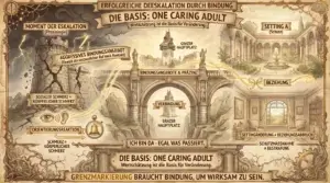 Illustration auf beige-farbenem, leicht vergilbtem Hintergrund mit schwarzen Konturen und Akzenten in Gold und Braun. Gehirnnetzwerk und Zahnräder im Rahmen. Oben zwei Banner: ‚Erfolgreiche Deeskalation durch Bindung' und darunter ‚Die Basis: One Caring Adult – Wertschätzung ist die Basis für Veränderung.' Links ‚Moment der Eskalation (Physiologie)': Ein bröckelnder Turm mit Blitzen und Rissen. Labels: ‚Aggressives Bindungsangebot (Gewalt als verzweifelter Ruf nach Kontakt)', ‚Sozialer Schmerz = Körperlicher Schmerz'. Darunter ein Auge und Ohr: ‚Orientierungsreaktion' mit Glocke und Pfeil. ‚Schmerz = Körperlicher Schmerz'. Im Zentrum eine steinerne Brücke über einer Schlucht mit dem Grazer Hauptplatz als Hintergrundbild. Durch die Brücke führt ein Band: ‚Verbindung – Grazer Hauptplatz'. Ein goldener Faden verbindet links und rechts: ‚Bindungsangebote & Präsenz'. Darunter: ‚Ich bin da – egal was passiert.' Rechts oben ‚Setting A (Schutz)': Ein heller Innenhof mit Brunnen und Säulengang. Label: ‚Beziehung' mit goldener Schleife. Rechts unten ein gemütliches Zimmer mit Sessel und Fenster. Labels: ‚Settingänderung ≠ Beziehungsabbruch', ‚Schutzmaßnahme ≠ Bestrafung'. Unten zwei Banner: ‚Die Basis: One Caring Adult – Wertschätzung ist die Basis für Veränderung.' und ‚Grenzmarkierung braucht Bindung, um wirksam zu sein.'