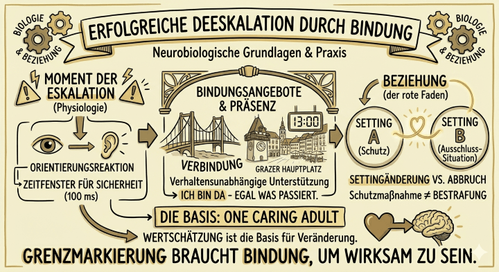 Sketchnote auf beige-farbenem Hintergrund mit schwarzen Konturen und Akzenten in Gold und Braun. Am oberen Rand befindet sich ein Banner mit dem Titel „ERFOLGREICHE DEESKALATION DURCH BINDUNG“ und dem Untertitel „Neurobiologische Grundlagen & Praxis“. In den oberen Ecken befinden sich Icons von Zahnrädern, die mit „BIOLOGIE & BEZIEHUNG“ beschriftet sind.

Thematische Cluster:

    Links: „MOMENT DER ESKALATION (Physiologie)“

        Icons: Ein Auge, ein Ohr und zwei Warnschilder mit Blitzen.

        Text: „ORIENTIERTUNGSREAKTION“ und „ZEITFENSTER FÜR SICHERHEIT (100 ms)“. Ein Pfeil verdeutlicht die schnelle unbewusste Verarbeitung von Sinnesreizen.

    Mitte: „BINDUNGSANGEBOTE & PRÄSENZ“

        Icons: Eine große Steinbrücke („VERBINDUNG“), eine Kirchturmuhr, die 13:00 Uhr anzeigt, und eine stilisierte Stadtansicht („GRAZER HAUPTPLATZ“).

        Text: „Verhaltensunabhängige Unterstützung“ und das zentrale Versprechen: „ICH BIN DA – EGAL WAS PASSIERT.“

    Rechts: „BEZIEHUNG (der rote Faden)“

        Darstellung: Zwei Kreise („SETTING A / Schutz“ und „SETTING B / Ausschluss-Situation“) sind durch eine goldene Linie verbunden, die in der Mitte zu einem Herz geknotet ist.

        Text: „SETTINGÄNDERUNG VS. ABBRUCH“ und der Merksatz: „Schutzmaßnahme ≠ BESTRAFUNG“.

    Unterer Bereich: „DIE BASIS: ONE CARING ADULT“

        Icon: Ein Herz, das direkt in ein Gehirn-Icon übergeht.

        Text: „WERTSCHÄTZUNG ist die Basis für Veränderung.“

Fußbereich:
Ganz unten steht in großer, fetter Schrift die Kernbotschaft: „GRENZMARKIERUNG BRAUCHT BINDUNG, UM WIRKSAM ZU SEIN.“