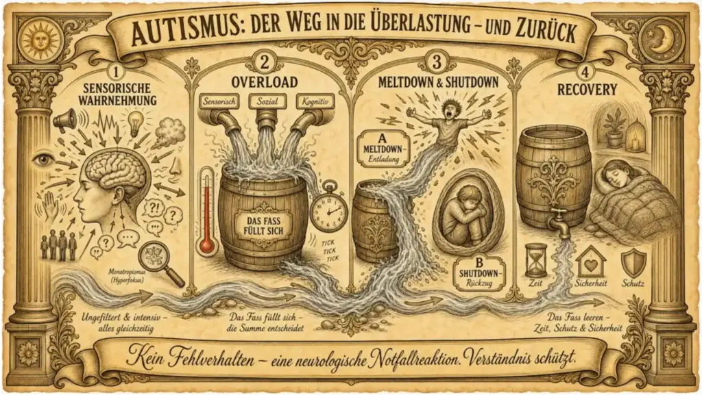 Querformat-Illustration im Pergamentstil mit der Überschrift "Autismus: Der Weg in die Überlastung – und zurück", gegliedert in vier nummerierte Stationen entlang eines Wasserstroms. Station 1, "Sensorische Wahrnehmung": ein Kopf im Profil mit sichtbarem Gehirn, umgeben von einströmenden Pfeilen, Symbolen für Lärm, Licht, Gerüche und sozialen Druck (Sprechblasen mit Fragezeichen, Personengruppen) sowie einer Lupe mit der Beschriftung "Monotropismus (Hyperfokus)". Station 2, "Overload": drei Trichter mit den Aufschriften "Sensorisch", "Sozial" und "Kognitiv", aus denen Wasser in ein Fass mit der Aufschrift "Das Fass füllt sich" läuft, daneben ein Thermometer mit hohem Ausschlag und eine tickende Taschenuhr. Station 3, "Meltdown & Shutdown": ein überlaufendes Fass, von dem das Wasser zu zwei Figuren fließt – links (A, "Meltdown – Entladung") eine schreiende Person mit nach außen gerichteten Blitzen, rechts (B, "Shutdown – Rückzug") eine zusammengekauerte Person in einem Kokon. Station 4, "Recovery": ein Fass mit Hahn, aus dem Wasser durch eine Sanduhr (Zeit), ein Herz-in-Haus-Symbol (Sicherheit) und ein Schild (Schutz) abläuft, daneben eine schlafende, in eine Decke gehüllte Person in ruhiger Umgebung mit Pflanze und Kerze. Am unteren Rand verbindet ein durchgehender Wasserstrom alle vier Stationen, begleitet von den Texten "Ungefiltert & intensiv – alles gleichzeitig", "Das Fass füllt sich – die Summe entscheidet" und "Das Fass leeren – Zeit, Schutz & Sicherheit". Ein Spruchband am unteren Bildrand trägt den Text: "Kein Fehlverhalten – eine neurologische Notfallreaktion. Verständnis schützt." Die Illustration ist von zwei Säulen mit Sonnen- und Mondsymbolen gerahmt.