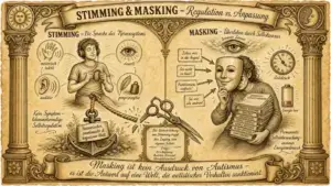 Querformat-Illustration im Pergamentstil mit der Überschrift "Stimming & Masking – Regulation vs. Anpassung", zweigeteilt. Links die Spalte "Stimming – Die Sprache des Nervensystems" mit einer sitzenden Person, die mit Kopfhörern und entspanntem Gesichtsausdruck einen Gegenstand in den Händen dreht, umgeben von vier Kreisen mit Symbolen für motorisch/taktiles (vibrierende Hand), auditives (Ohr mit Schallwellen), visuelles (Auge) und propriozeptives Stimming (Feder und Gewicht). Die Person ist über ein Seil mit einem Anker verbunden, beschriftet mit "Sensorischer, emotionaler & kognitiver Halt", darunter der Text "Kein Symptom – lebensnotwendige Selbstregulation". In der Bildmitte zerschneidet eine große Schere das Seil zwischen den beiden Hälften, begleitet vom Text "Die Unterdrückung von Stimming kappt den Zugang zum eigenen Selbst. Folge: Erschöpfung, Autistic Burnout, Identitätsverlust". Rechts die Spalte "Masking – Überleben durch Selbstzensur" mit einem großen wachsamen Auge ("Innerer Zensor") über einer Person, die eine lächelnde Maske vor ihr eigenes, erschöpft wirkendes Gesicht hält. Von links strömen Sprechblasen mit Forderungen wie "Schau mir in die Augen!", "Sei nicht zu laut!", "Funktioniere einfach!" und "Sei wie alle anderen!" auf die Maske zu. Die Person trägt einen Stapel Bücher mit der Aufschrift "Drehbuch: Soziales Verhalten" und Stichworten wie "Korrekte Reaktionen", "Smalltalk", "Körpersprache", "Tonfall-Kontrolle", "Gefühle verstecken", "Regeln befolgen", "Funktionieren". Daneben eine Uhr ("Zeitdruck") und eine fast leere Batterie ("Energie leer"), begleitet vom Text "Permanente Selbstüberwachung – enormer Energieverbrauch". Ein Spruchband am unteren Bildrand trägt den Text: "Masking ist kein Ausdruck von Autismus – es ist die Antwort auf eine Welt, die autistisches Verhalten sanktioniert." Die Illustration ist von zwei Säulen mit Sonnen- und Mondsymbolen gerahmt.