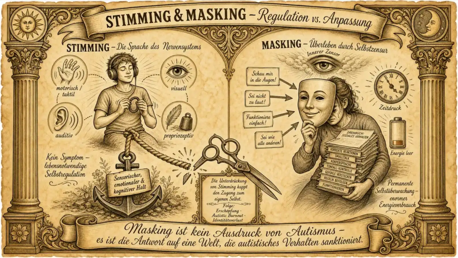 Querformat-Illustration im Pergamentstil mit der Überschrift "Stimming & Masking – Regulation vs. Anpassung", zweigeteilt. Links die Spalte "Stimming – Die Sprache des Nervensystems" mit einer sitzenden Person, die mit Kopfhörern und entspanntem Gesichtsausdruck einen Gegenstand in den Händen dreht, umgeben von vier Kreisen mit Symbolen für motorisch/taktiles (vibrierende Hand), auditives (Ohr mit Schallwellen), visuelles (Auge) und propriozeptives Stimming (Feder und Gewicht). Die Person ist über ein Seil mit einem Anker verbunden, beschriftet mit "Sensorischer, emotionaler & kognitiver Halt", darunter der Text "Kein Symptom – lebensnotwendige Selbstregulation". In der Bildmitte zerschneidet eine große Schere das Seil zwischen den beiden Hälften, begleitet vom Text "Die Unterdrückung von Stimming kappt den Zugang zum eigenen Selbst. Folge: Erschöpfung, Autistic Burnout, Identitätsverlust". Rechts die Spalte "Masking – Überleben durch Selbstzensur" mit einem großen wachsamen Auge ("Innerer Zensor") über einer Person, die eine lächelnde Maske vor ihr eigenes, erschöpft wirkendes Gesicht hält. Von links strömen Sprechblasen mit Forderungen wie "Schau mir in die Augen!", "Sei nicht zu laut!", "Funktioniere einfach!" und "Sei wie alle anderen!" auf die Maske zu. Die Person trägt einen Stapel Bücher mit der Aufschrift "Drehbuch: Soziales Verhalten" und Stichworten wie "Korrekte Reaktionen", "Smalltalk", "Körpersprache", "Tonfall-Kontrolle", "Gefühle verstecken", "Regeln befolgen", "Funktionieren". Daneben eine Uhr ("Zeitdruck") und eine fast leere Batterie ("Energie leer"), begleitet vom Text "Permanente Selbstüberwachung – enormer Energieverbrauch". Ein Spruchband am unteren Bildrand trägt den Text: "Masking ist kein Ausdruck von Autismus – es ist die Antwort auf eine Welt, die autistisches Verhalten sanktioniert." Die Illustration ist von zwei Säulen mit Sonnen- und Mondsymbolen gerahmt.
