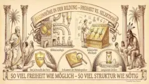 Auf der linken Seite wird das "Traditionelle System (Selektion)" in drei untereinander angeordneten Panels dargestellt. Ganz oben zeigt eine Szene zur "Lehrer-Schüler-Hierarchie" eine Lehrkraft auf einem hohen Podest, die mit einem Zeigestock auf passive Schüler herabsieht – Wissen wird hier als Einbahnstraße ("Wissensvermittlung") von oben nach unten dargestellt. Darunter symbolisiert ein großer Stempel mit der Note "4-", der auf die Arbeit eines traurigen Kindes niedersaust, das Thema "Ziffernnoten & Urteile", was als "Abbruch des Dialogs" beschrieben wird. Das unterste Panel illustriert das "Dreigliedrige System" als eine industrielle Sortiermaschine, die Kinder automatisch in starre Kisten mit den Aufschriften "Gymnasium", "Realschule" und "Hauptschule" sortiert ("Allokation durch Auslese").
