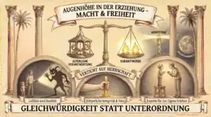 Illustration auf beige-farbenem Hintergrund mit schwarzen Konturen und Akzenten in Gold und Braun. Oben mittig ein Banner: ‚Augenhöhe in der Erziehung – Macht & Freiheit'. Im Zentrum eine Waage. Links die Schale ‚Elterliche Verantwortung' mit einem Käfig voller Schlüssel. Rechts die Schale ‚Subjektwürde' mit zwei brennenden Flammen. Rechts oben ein Leuchtturm mit ‚Konsistenz' und ein Mond mit ‚Unverfügbarkeit'. Darunter ein Band: ‚Verzicht auf Herrschaft'. Drei Bogenfelder nebeneinander. Links eine Erwachsenenfigur mit Taschenlampe, die gemeinsam mit einem Kind auf einen bedrohlichen Schatten leuchtet. Label: ‚Gefühle sind Realität'. Mittig eine Hand, die einen Stab in den Boden rammt. Label: ‚Körperliche Integrität & Veto'. Rechts zwei Figuren im Gespräch auf Augenhöhe – ein Kind auf einem Hocker, ein Erwachsener daneben. Label: ‚Experte für das eigene Erleben'. Links im Hintergrund eine korinthische Säule und eine Palme. Rechts ebenfalls. Unten ein Banner: ‚Gleichwürdigkeit statt Unterordnung'. Unten rechts: ‚Created by Nano-Banana.'