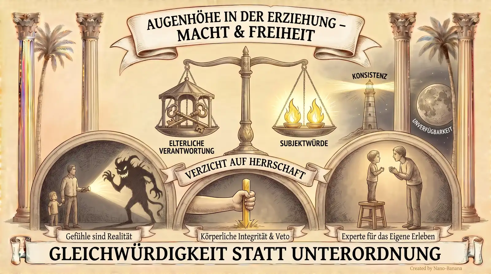 Illustration auf beige-farbenem Hintergrund mit schwarzen Konturen und Akzenten in Gold und Braun.
Oben mittig ein Banner: ‚Augenhöhe in der Erziehung – Macht & Freiheit'.
Im Zentrum eine Waage. Links die Schale ‚Elterliche Verantwortung' mit einem Käfig voller Schlüssel. Rechts die Schale ‚Subjektwürde' mit zwei brennenden Flammen. Rechts oben ein Leuchtturm mit ‚Konsistenz' und ein Mond mit ‚Unverfügbarkeit'.
Darunter ein Band: ‚Verzicht auf Herrschaft'.
Drei Bogenfelder nebeneinander. Links eine Erwachsenenfigur mit Taschenlampe, die gemeinsam mit einem Kind auf einen bedrohlichen Schatten leuchtet. Label: ‚Gefühle sind Realität'. Mittig eine Hand, die einen Stab in den Boden rammt. Label: ‚Körperliche Integrität & Veto'. Rechts zwei Figuren im Gespräch auf Augenhöhe – ein Kind auf einem Hocker, ein Erwachsener daneben. Label: ‚Experte für das eigene Erleben'.
Links im Hintergrund eine korinthische Säule und eine Palme. Rechts ebenfalls.
Unten ein Banner: ‚Gleichwürdigkeit statt Unterordnung'. Unten rechts: ‚Created by Nano-Banana.'