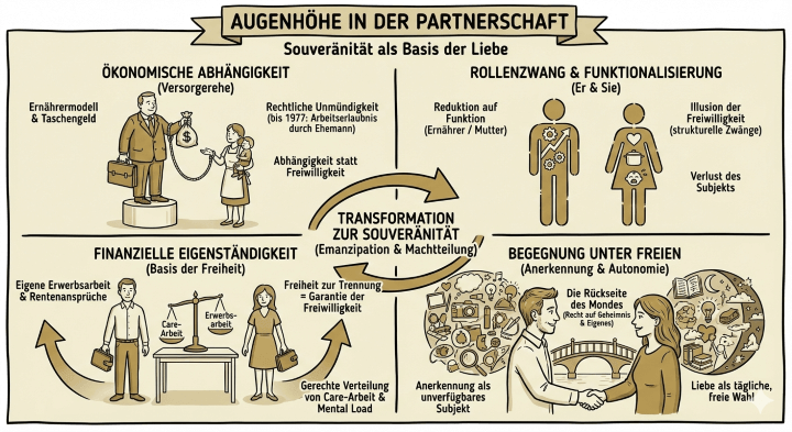 Sketchnote Augenhöhe in Partnerschaft: Vier Problemfelder traditioneller Beziehungen (ökonomische Abhängigkeit mit Ernährermodell, Rollenzwang und Funktionalisierung mit Reduktion auf Funktion, rechtliche Unmündigkeit durch Ehemann, Abhängigkeit statt Freiwilligkeit) werden transformiert zu Souveränität durch finanzielle Eigenständigkeit (Basis der Freiheit), Begegnung unter Freien (Anerkennung und Autonomie mit Liebe als tägliche freie Wahl), zentral Emanzipation und Machtteilung