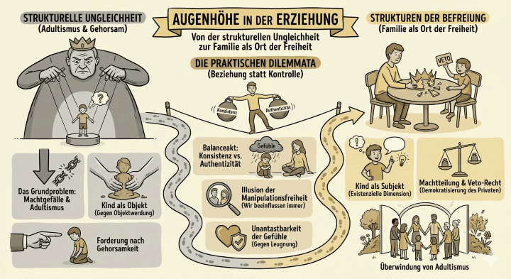 Sketchnote Augenhöhe in der Erziehung: Gegenüberstellung strukturelle Ungleichheit (Adultismus, Gehorsam, Kind als Objekt, Forderung nach Gehörsamkeit) versus Strukturen der Befreiung (Familie als Ort der Freiheit, Kind als Subjekt, Machtteilung und Veto-Recht, Überwindung von Adultismus), zentral die praktischen Dilemmata mit Balanceakt zwischen Konstanz und Authentizität, Illusion der Manipulationsfreiheit, Unanstastbarkeit der Gefühle