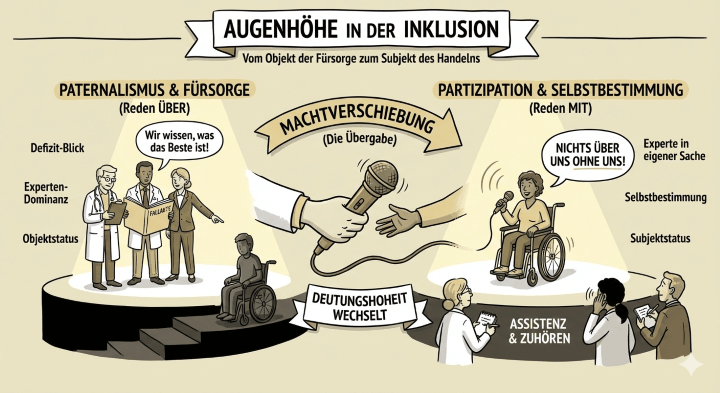 Sketchnote Augenhöhe in der Inklusion: Gegenüberstellung Paternalismus (Defizit-Blick, Expertendominanz, Objektstatus) versus Partizipation und Selbstbestimmung (Reden MIT statt über, Expertentum in eigener Sache, Subjektstatus), zentral Machtverschiebung und Deutungshoheit wechselt, unten Assistenz und Zuhören statt Fürsorge