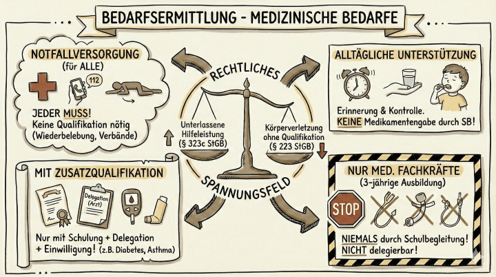 Sketchnote auf beige-farbenem Hintergrund mit schwarzen Konturen und Akzenten in Gold und Braun. Am oberen Rand befindet sich ein Banner mit dem Titel „BEDARFSERMITTLUNG - MEDIZINISCHE BEDARFE“. Das Bild ist um ein zentrales Kreiselement herum aufgebaut, von dem Pfeile in vier thematische Bereiche führen.

Zentrales Element: Ein Kreis mit der Aufschrift „RECHTLICHES SPANNUNGSFELD“. Im Inneren ist eine Balkenwaage abgebildet. Die linke Waagschale trägt den Text „Unterlassene Hilfeleistung (§ 323c StGB)“, die rechte Waagschale den Text „Körperverletzung ohne Qualifikation (§ 223 StGB)“.

Bereich oben links (Wolkenform): Überschrift „NOTFALLVERSORGUNG (für ALLE)“. Symbole: Ein rotes Kreuz, ein Smartphone mit der Nummer „112“ auf dem Display und eine am Boden liegende Person. Text darunter: „JEDER MUSS! Keine Qualifikation nötig (Wiederbelebung, Verbände)“.

Bereich oben rechts (Rechteck): Überschrift „ALLTÄGLICHE UNTERSTÜTZUNG“. Symbole: Ein klingelnder Wecker, eine Hand, die ein Glas Wasser reicht, und ein Kind, das sich die Zähne putzt. Text darunter: „Erinnerung & Kontrolle. KEINE Medikamentengabe durch SB!“.

Bereich unten links (Darstellung als Schriftrolle): Überschrift „MIT ZUSATZQUALIFIKATION“. Symbole: Eine Urkunde mit Siegel, ein Klemmbrett mit der Aufschrift „Delegation (Arzt)“, ein Blutzuckermessgerät und ein Asthmaspray. Text darunter: „Nur mit Schulung + Delegation + Einwilligung! (z.B. Diabetes, Asthma)“.

Bereich unten rechts (Kasten mit gelb-schwarzer Warnschraffur): Überschrift „NUR MED. FACHKRÄFTE (3-jährige Ausbildung)“. Symbole: Ein Stoppschild und drei medizinische Spezialgeräte (Sonden/Katheter), die jeweils mit einem großen Kreuz durchgestrichen sind. Text darunter: „NIEMALS durch Schulbegleitung! NICHT delegierbar!“.

Am oberen und unteren Rand der Grafik befinden sich jeweils drei kleine Punkte als dekorative Begrenzung.