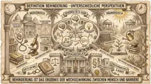 Illustration auf beige-farbenem Hintergrund mit schwarzen Konturen und Akzenten in Gold und Braun.„Illustration auf beige-farbenem Hintergrund mit schwarzen Konturen und Akzenten in Gold und Braun. Ornamentaler Rahmen mit korinthischen Säulen und Palmen. Oben links ein Mondgesicht, oben rechts eine Sonnenuhr. Oben mittig ein Banner: ‚Definition Behinderung – Unterschiedliche Perspektiven'. Im Zentrum ein Diversitäts-Hub: Ein Kompass mit vier Feldern – ‚ADHS', ‚Hochbegabung', ‚SS/SES', ‚Psychisch/Chronisch', ‚ASS' – umgeben von Icons für Gehirn, Zahnräder, Sprechblase und Figur mit Herz. Links ‚Medizinisch': Ein Klinikgebäude mit Kuppel, Stethoskop, Mikroskop und Bücherstapel. Labels: ‚Status Quo & Diagnostik', ‚Klassifikation (ICD/DSM)', ‚Therapiebasis', ‚Medizinisches Modell'. Rechts ‚Pädagogisch': Ein Pavillon in einem Garten mit Tafel, Pflanzenkübel, Büchern und Gießkanne. Labels: ‚Ressourcen-Blick', ‚Förderbedarf', ‚Nachteilsausgleich', ‚Bio-psycho-soziales Modell'. Unten mittig ‚Sozialrechtlich': Ein Justizgebäude mit zwei Waagen und zwei Löwen. Davor ein Gesetzbuch mit Paragraphenzeichen und ein Schlüssel. Labels: ‚SGB IX / UN-BRK', ‚GdB & Merkzeichen', ‚Eingliederungshilfe & Budget'. Unten ein Banner: ‚Behinderung ist das Ergebnis der Wechselwirkung zwischen Mensch und Barrière.'