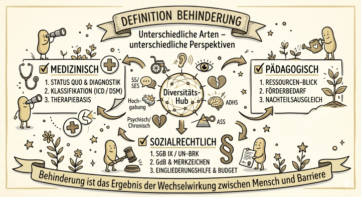 Sketchnote auf beigem Hintergrund. Oben steht der Titel „DEFINITION BEHINDERUNG“ in einem Banner, darunter der Untertitel „Unterschiedliche Arten – unterschiedliche Perspektiven“.

Im Zentrum befindet sich ein Kreis mit der Aufschrift „Diversitäts-Hub“, umgeben von Symbolen und Texten: ein Rollstuhl, ein Ohr, ein Auge, eine Sprechblase („SS/SES“), ein Gehirn mit Krone („Hochbegabung“), ein gebrochenes Herz („Psychisch/Chronisch“), ein Gehirn mit Blitzen („ADHS“) und ein Prisma („ASS“).

Drei Textblöcke sind angeordnet:

    Links unter „MEDIZINISCH“: „1. STATUS QUO & DIAGNOSTIK“, „2. KLASSIFIKATION (ICD / DSM)“, „3. THERAPIEBASIS“. Daneben ein Stethoskop und eine Figur mit Fernrohr.

    Rechts unter „PÄDAGOGISCH“: „1. RESSOURCEN-BLICK“, „2. FÖRDERBEDARF“, „3. NACHTEILSAUSGLEICH“. Daneben eine Figur mit Gießkanne.

    Unten unter „SOZIALRECHTLICH“: „1. SGB IX / UN-BRK“, „2. GdB & MERKZEICHEN“, „3. EINGLIEDERUNGSHILFE & BUDGET“. Daneben ein Paragraph-Zeichen und eine Figur mit Richterhammer.

Am unteren Rand steht ein Banner mit dem Satz: „Behinderung ist das Ergebnis der Wechselwirkung zwischen Mensch und Barriere.“