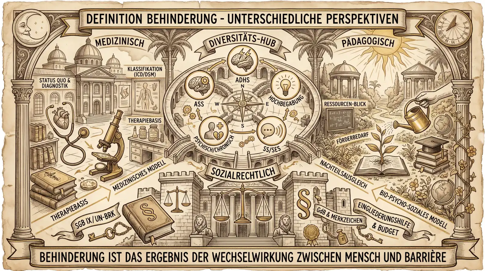 Illustration auf beige-farbenem Hintergrund mit schwarzen Konturen und Akzenten in Gold und Braun.„Illustration auf beige-farbenem Hintergrund mit schwarzen Konturen und Akzenten in Gold und Braun. Ornamentaler Rahmen mit korinthischen Säulen und Palmen. Oben links ein Mondgesicht, oben rechts eine Sonnenuhr. Oben mittig ein Banner: ‚Definition Behinderung – Unterschiedliche Perspektiven'. Im Zentrum ein Diversitäts-Hub: Ein Kompass mit vier Feldern – ‚ADHS', ‚Hochbegabung', ‚SS/SES', ‚Psychisch/Chronisch', ‚ASS' – umgeben von Icons für Gehirn, Zahnräder, Sprechblase und Figur mit Herz. Links ‚Medizinisch': Ein Klinikgebäude mit Kuppel, Stethoskop, Mikroskop und Bücherstapel. Labels: ‚Status Quo & Diagnostik', ‚Klassifikation (ICD/DSM)', ‚Therapiebasis', ‚Medizinisches Modell'. Rechts ‚Pädagogisch': Ein Pavillon in einem Garten mit Tafel, Pflanzenkübel, Büchern und Gießkanne. Labels: ‚Ressourcen-Blick', ‚Förderbedarf', ‚Nachteilsausgleich', ‚Bio-psycho-soziales Modell'. Unten mittig ‚Sozialrechtlich': Ein Justizgebäude mit zwei Waagen und zwei Löwen. Davor ein Gesetzbuch mit Paragraphenzeichen und ein Schlüssel. Labels: ‚SGB IX / UN-BRK', ‚GdB & Merkzeichen', ‚Eingliederungshilfe & Budget'. Unten ein Banner: ‚Behinderung ist das Ergebnis der Wechselwirkung zwischen Mensch und Barrière.'