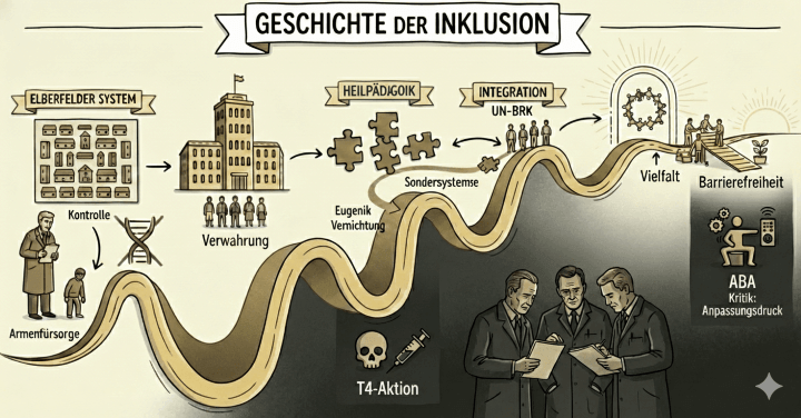 Sketchnote auf beige-farbenem Hintergrund mit schwarzen Konturen und Akzenten in Gold und Braun. Ein breiter, gewundener Pfad zieht sich von links unten nach rechts oben durch das Bild und markiert verschiedene historische Etappen.
Links oben: Ein Banner mit der Aufschrift „ELBERFELDER SYSTEM“. Darunter sind ein Raster aus Häusern, eine DNA-Doppelhelix und eine Szene abgebildet, in der ein Mann in einem langen Mantel ein Kind betrachtet. Texte: „Armenfürsorge“ und „Kontrolle“.
Mitte links: Der Pfad führt zu einem großen, grauen Gebäude mit vielen Fenstern (Anstalt). Davor steht eine Gruppe von fünf Personen. Text darunter: „Verwahrung“.
Zentrum: Ein Banner mit der Aufschrift „HEILPÄDAGOGIK“ über mehreren Puzzleteilen. Ein dunkler Abzweig führt steil nach unten zu einem Bereich mit einem Totenkopf, einer Spritze und drei Männern in dunklen Anzügen, die Akten studieren. Texte: „Eugenik Vernichtung“, „Sondersysteme“ und „T4-Aktion“.
Rechts oben: Der Pfad steigt wieder an zum Banner „INTEGRATION UN-BRK“. Kleine Figuren wandern in Richtung eines hellen Torbogens, in dem Menschen im Kreis stehen. Text: „Vielfalt“.
Ganz rechts: Der Pfad endet in einer breiten Holzbrücke oder Rampe. Personen helfen sich gegenseitig beim Aufstieg in Richtung einer aufgehenden Sonne. Text: „Barrierefreiheit“. In einem dunklen Kasten daneben ist eine sitzende Figur mit Zahnrädern am Kopf und einer Fernbedienung zu sehen. Text: „ABA Kritik: Anpassungsdruck“.