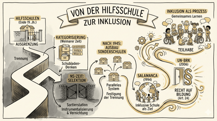 Sketchnote auf beige-farbenem Hintergrund mit schwarzen Konturen und Akzenten in Gold und Braun. Ein breiter, gewundener Pfad führt von links unten nach rechts oben durch das Bild und markiert die historische Entwicklung der inklusiven Bildung.

    Oben links (Beginn): Ein Kasten mit der Aufschrift „HILFSSCHULEN (Ende 19. Jh.)“. Darunter ist ein Schulgebäude hinter einem verschlossenen Gitterzaun abgebildet. Texte: „AUSGRENZUNG“ und „Trennung“.

    Mitte links: Ein Kasten mit der Aufschrift „KATEGORISIERUNG (Weimarer Zeit)“. Gezeigt wird ein Karteischrank mit drei Schubladen, die mit „Lernbehindert“, „Geistig b.“ und „Körper b.“ beschriftet sind. Text: „Schubladen-Denken“.

    Unten links: Ein dunkler Bereich mit der Aufschrift „NS-ZEIT: SELEKTION“. Ein großes Tor mit Stacheldraht ist dargestellt. Text: „Sortierstation Instrumentalisierung & Vernichtung“. Ein breiter weißer Pfeil weist weg von diesem Pfad.

    Zentrum: Ein Kasten mit der Aufschrift „NACH 1945: AUSBAU SONDERSCHULEN“. Von einem zentralen Gebäude führen Pfeile zu vielen kleineren Schulgebäuden. Texte: „Paralleles System“ und „Festigung der Trennung“.

    Unten rechts: Eine Weltkugel, um die sich Menschen an den Händen halten, mit der Aufschrift „SALAMANCA (1994)“. Text: „Inklusive Schule als Ziel“. Daneben führt der Pfad zu einem großen Paragrafen-Symbol (§) vor einer offenen Tür mit der Aufschrift „UN-BRK (2006)“ und „RECHT AUF BILDUNG (Art. 24)“.

    Oben rechts (Ziel): Ein Bereich mit der Überschrift „INKLUSION ALS PROZESS – Gemeinsames Lernen“. Eine Gruppe von sieben vielfältigen Kindern (eines davon im Rollstuhl) sitzt im Kreis, liest Bücher und unterhält sich. Text: „TEILHABE“.