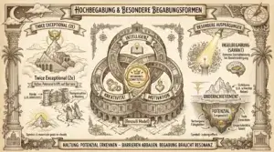 Illustration auf beige-farbenem Hintergrund mit schwarzen Konturen und Akzenten in Gold und Braun. Ornamentaler Rahmen mit korinthischen Säulen und Palmen. Oben links Halbmond, oben rechts Kompass mit ‚Tempus Fugit'. Oben mittig ein Banner: ‚Hochbegabung & Besondere Begabungsformen'. Im Zentrum ein Kolosseum als Rundbau mit drei ineinandergreifenden Ringen – das Renzulli-Modell: ‚Intelligenz' mit Buch-Icon, ‚Kreativität' mit Palette und Zahnrädern, ‚Motivation' mit Herz und Flamme. In der goldenen Schnittmenge: ‚Begabungs-Schnittstelle' mit Krone. Links ‚Twice Exceptional (2E)': Ein Berggipfel in Wolken als Symbol. Davor ein verschlossenes Tor mit zwei Figuren auf einem Weg. Labels: ‚Hohes Potenzial trifft auf Barriere', ‚Hürde (z.B. ADHS/ASS)', ‚Kompensation & Masking'. Unten: ‚Symbol: A mountain peak in clouds'. Rechts oben ‚Besondere Ausprägungen – Inselbegabung (Savant)': Ein Scheinwerfer beleuchtet ein Gehirn mit Zahnrädern. Label: ‚Extreme Spezialleistung bei Beeinträchtigung'. Rechts unten ‚Underachievement': Ein Eisberg – sichtbar oben ‚Sichtbares (z.B. schlechte Noten)', unsichtbar unten ‚Potenzial (ungenutzt)' mit Labels: ‚Verborgene Fähigkeiten', ‚Tiefe Einsichten', ‚Unentdecktes Talent'. Unten: ‚Symbol: Iceberg effect'. Unten ein Banner: ‚Haltung: Potenzial erkennen – Barrieren abbauen. Begabung braucht Resonanz.'