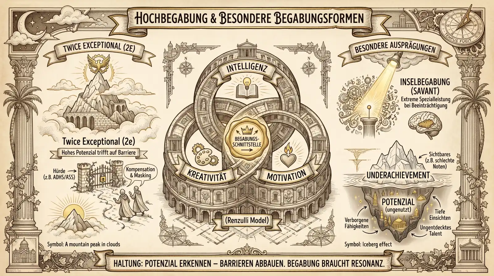 Illustration auf beige-farbenem Hintergrund mit schwarzen Konturen und Akzenten in Gold und Braun. Ornamentaler Rahmen mit korinthischen Säulen und Palmen. Oben links Halbmond, oben rechts Kompass mit ‚Tempus Fugit'. Oben mittig ein Banner: ‚Hochbegabung & Besondere Begabungsformen'. Im Zentrum ein Kolosseum als Rundbau mit drei ineinandergreifenden Ringen – das Renzulli-Modell: ‚Intelligenz' mit Buch-Icon, ‚Kreativität' mit Palette und Zahnrädern, ‚Motivation' mit Herz und Flamme. In der goldenen Schnittmenge: ‚Begabungs-Schnittstelle' mit Krone. Links ‚Twice Exceptional (2E)': Ein Berggipfel in Wolken als Symbol. Davor ein verschlossenes Tor mit zwei Figuren auf einem Weg. Labels: ‚Hohes Potenzial trifft auf Barriere', ‚Hürde (z.B. ADHS/ASS)', ‚Kompensation & Masking'. Unten: ‚Symbol: A mountain peak in clouds'. Rechts oben ‚Besondere Ausprägungen – Inselbegabung (Savant)': Ein Scheinwerfer beleuchtet ein Gehirn mit Zahnrädern. Label: ‚Extreme Spezialleistung bei Beeinträchtigung'. Rechts unten ‚Underachievement': Ein Eisberg – sichtbar oben ‚Sichtbares (z.B. schlechte Noten)', unsichtbar unten ‚Potenzial (ungenutzt)' mit Labels: ‚Verborgene Fähigkeiten', ‚Tiefe Einsichten', ‚Unentdecktes Talent'. Unten: ‚Symbol: Iceberg effect'. Unten ein Banner: ‚Haltung: Potenzial erkennen – Barrieren abbauen. Begabung braucht Resonanz.'