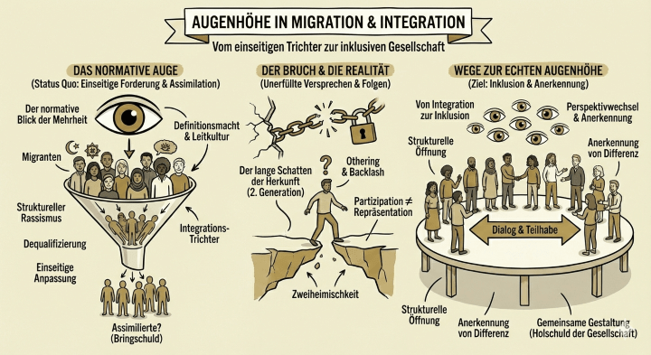 Sketchnote Augenhöhe in Migration und Integration: Links das normative Auge (Status Quo mit einseitiger Forderung und Assimilation, Definitionsmacht der Leitkultur, struktureller Rassismus, Dequalifizierung, einseitige Anpassung, Integrations-Trichter), Mitte der Bruch der Realität (lange Schatten der Herkunft zweiter Generation, Othering und Exotismus, Partizipation gleich Partizipantismus, Zweiheimischkeit), rechts Wege zur echten Augenhöhe (Ziel Inklusion und Anerkennung, Perspektivwechsel und Anerkennung, von Integration zu Inklusion, strukturelle Öffnung, Anerkennung von Differenz, Dialog und Teilhabe, gemeinsame Gestaltung als Holschuld der Gesellschaft)