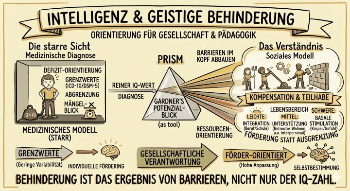 Sketchnote auf beige-farbenem Hintergrund mit schwarzen Konturen und Akzenten in Gold und Braun. Am oberen Rand befindet sich ein Banner mit dem Titel „INTELLIGENZ & GEISTIGE BEHINDERUNG“ und dem Untertitel „Orientierung für Gesellschaft & Pädagogik“.
Ein grau schattierter, eckiger Kasten mit der Überschrift „Die starre Sicht / Medizinische Diagnose“. Darin ist eine Person dargestellt, die an einer schweren Kugel mit der Aufschrift „IQ < 70“ angekettet ist. Begriffe daneben: „DEFIZIT-ORIENTIERUNG“, „GRENZWERTE (ICD-10/DSM-5)“, „ABGRENZUNG“ und „MÄNGEL-BLICK“, der mit einem X markiert ist. Darunter steht „MEDIZINISCHES MODELL (STARR)“.

Zentrales Element: In der Mitte befindet sich ein Prisma mit der Aufschrift „PRISM / GARDNER’S POTENZIAL-BLICK (as tool)“. Ein einzelner Lichtstrahl („REINER IQ-WERT / DIAGNOSE“) trifft auf das Prisma und fächert sich dahinter in verschiedene Strahlen auf, die mit „RESSOURCEN-ORIENTIERUNG“ beschriftet sind. Über dem Prisma steht der Text „BARRIEREN IM KOPF ABBAUEN“.

Rechte Seite: Ein lebendig gestalteter Bereich mit der Überschrift „Das Verständnis / Soziales Modell“. In einer Wolke sind drei Personen zu sehen, die gemeinsam eine Mauer einreißen. Darunter steht auf einem Banner „KOMPENSATION & TEILHABE“. Drei goldene Kreise beschreiben die Förderstufen:

    LEICHTE: Integration (Beruf/Schule).

    MITTEL: Unterstützung (Betreutes Wohnen, u.a. interpersonal).

    SCHWERE: Basale Stimulation (Körper/Gefühl).
    Darunter steht der Text: „FÖRDERUNG STATT AUSGRENZUNG“.

Unterer Bereich: Zwei horizontale Pfeile zeigen den Prozess der Unterstützung:

    Ein Pfeil führt von „GRENZWERTE (Geringe Variabilität)“ zu einem Gehirn-Icon mit dem Text „INDIVIDUELLE FÖRDERUNG“.

    Ein weiterer Pfeil führt von „GESELLSCHAFTLICHE VERANTWORTUNG“ über „FÖRDER-ORIENTIERT (Hohe Anpassung)“ zu einem strahlenden Gehirn-Icon mit dem Text „SELBSTBESTIMMUNG“.

Fußbereich: Ganz unten steht in großer, fetter Schrift die Kernbotschaft: „BEHINDERUNG IST DAS ERGEBNIS VON BARRIEREN, NICHT NUR DER IQ-ZAHL.