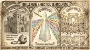 Illustration auf beige-farbenem Hintergrund mit schwarzen Konturen und Akzenten in Gold und Braun. Drei Bögen mit korinthischen Säulen und Palmen. Oben links Halbmond, oben rechts Sonnenuhr. Oben mittig ein Banner: ‚Intelligenz & Geistige Behinderung'. Links ‚Medizinisches Modell (Starr)': Eine düstere Burgfestung mit vergittertem Tor. Davor eine Eisenkugel an Kette mit ‚IQ < 70'. Labels: ‚Defizit-Orientierung', ‚Grenzwerte (ICD/DSM)', ‚Mängel-Blick'. Mittig ‚Gardner's Potenzial-Blick': Ein leuchtender Kristallkegel als Prisma, der einen weißen Strahl ‚Reiner IQ-Wert' in acht farbige Strahlen bricht: Sprachlich, Logisch, Musikalisch, Räumlich, Kinästhetisch, Interpersonal, Intrapersonal, Naturalistisch – jeder mit einem kleinen Icon. Darunter ein Band: ‚Ressourcen-Orientierung'. Rechts ‚Soziales Modell': Ein heller Garten mit Torbogen. Mehrere Figuren reißen gemeinsam eine Mauer ein. Darüber: ‚Barrieren im Kopf'. Darunter vier kleine Panels zur Förderung nach Schweregrad: ‚Leicht (Beruf/Schule)', ‚Mittel (Betreutes Wohnen)', ‚Schwer (Basale Stimulation)', ‚Schwerst (Rund-um-die-Uhr)'. Labels: ‚Kompensation & Teilhabe', ‚Förderung statt Ausgrenzung'. Unten ein Banner: ‚Behinderung ist das Ergebnis von Barrieren, nicht nur der IQ-Zahl.'