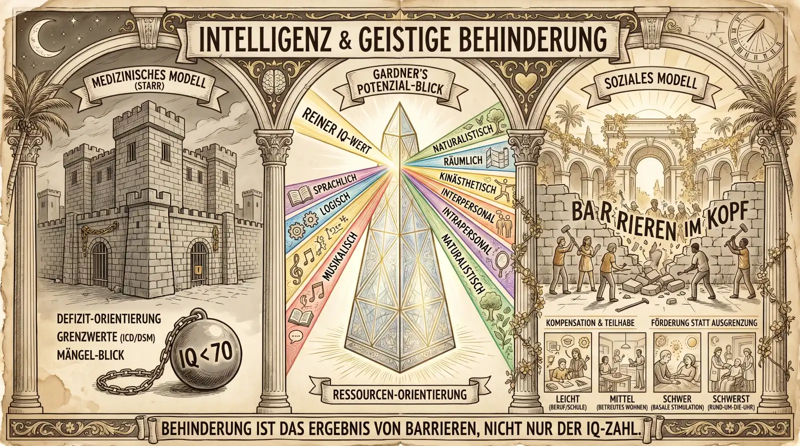 Illustration auf beige-farbenem Hintergrund mit schwarzen Konturen und Akzenten in Gold und Braun. Drei Bögen mit korinthischen Säulen und Palmen. Oben links Halbmond, oben rechts Sonnenuhr.
Oben mittig ein Banner: ‚Intelligenz & Geistige Behinderung'.
Links ‚Medizinisches Modell (Starr)': Eine düstere Burgfestung mit vergittertem Tor. Davor eine Eisenkugel an Kette mit ‚IQ < 70'. Labels: ‚Defizit-Orientierung', ‚Grenzwerte (ICD/DSM)', ‚Mängel-Blick'.
Mittig ‚Gardner's Potenzial-Blick': Ein leuchtender Kristallkegel als Prisma, der einen weißen Strahl ‚Reiner IQ-Wert' in acht farbige Strahlen bricht: Sprachlich, Logisch, Musikalisch, Räumlich, Kinästhetisch, Interpersonal, Intrapersonal, Naturalistisch – jeder mit einem kleinen Icon. Darunter ein Band: ‚Ressourcen-Orientierung'.
Rechts ‚Soziales Modell': Ein heller Garten mit Torbogen. Mehrere Figuren reißen gemeinsam eine Mauer ein. Darüber: ‚Barrieren im Kopf'. Darunter vier kleine Panels zur Förderung nach Schweregrad: ‚Leicht (Beruf/Schule)', ‚Mittel (Betreutes Wohnen)', ‚Schwer (Basale Stimulation)', ‚Schwerst (Rund-um-die-Uhr)'. Labels: ‚Kompensation & Teilhabe', ‚Förderung statt Ausgrenzung'.
Unten ein Banner: ‚Behinderung ist das Ergebnis von Barrieren, nicht nur der IQ-Zahl.'