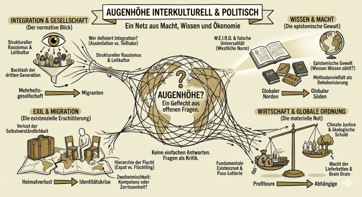 Sketchnote auf beige-farbenem Hintergrund mit schwarzen Konturen und Akzenten in Gold und Braun. Am oberen Rand befindet sich ein Banner mit dem Titel „AUGENHÖHE INTERKULTURELL & POLITISCH“ und dem Untertitel „Ein Netz aus Macht, Wissen und Ökonomie“.

In der Mitte des Bildes ist eine Weltkugel (Globus) dargestellt, die von einem dichten, ungeordneten Netz aus schwarzen Linien überzogen ist. Zentral auf der Erdkugel steht ein großes Fragezeichen und der Text „AUGENHÖHE? Ein Geflecht aus offenen Fragen“. Darunter steht: „Keine einfachen Antworten. Fragen als Kritik.“ Von diesem zentralen Netz führen Linien zu vier thematischen Clustern in den Ecken des Bildes.

Cluster links oben: Überschrift „INTEGRATION & GESELLSCHAFT (Der normative Blick)“. Ein großes, wachsames Auge blickt von oben auf eine Gruppe von Menschen, die in einem Trichter stehen. Ein Pfeil weist von der „Mehrheitsgesellschaft“ zu den „Migranten“. Texte: „Struktureller Rassismus & Leitkultur“, „Backlash der dritten Generation“ und „Wer definiert Integration? (Assimilation vs. Teilhabe)“.

Cluster links unten: Überschrift „EXIL & MIGRATION (Die existenzielle Erschütterung)“. Ein Reisekoffer steht auf einer Weltkarte, die einen tiefen Riss aufweist. Daneben sitzt eine einzelne Figur mit gesenktem Kopf auf einem Stuhl. Ein Pfeil führt von „Heimatverlust“ zu „Identitätskrise“. Texte: „Verlust der Selbstverständlichkeit“, „Hierarchie der Flucht (Expat vs. Flüchtling)“ und „Zweiheimischkeit: Kompetenz oder Zerrissenheit?“.

Cluster rechts oben: Überschrift „WISSEN & MACHT (Die epistemische Gewalt)“. Ein aufgeschlagenes Buch mit der Aufschrift „WESTEN“ liegt neben einem Globus. Mehrere geschlossene Bücher liegen darunter verstreut. Ein Pfeil weist vom „Globalen Norden“ zum „Globalen Süden“. Texte: „W.E.I.R.D. & falsche Universalität (Westliche Norm)“, „Epistemische Gewalt (Wessen Wissen zählt?)“ und „Methodenvielfalt als Dekolonisierung“.

Cluster rechts unten: Überschrift „WIRTSCHAFT & GLOBALE ORDNUNG (Die materielle Not)“. Eine große Balkenwaage ist dargestellt. Auf der linken, tiefer sinkenden Seite liegen Geldsäcke mit Dollarzeichen vor einer Fabrik und einem Containerschiff („Profiteure“). Auf der rechten, höheren Seite stehen Menschen und ein Baum auf einer rissigen Erdscholle („Abhängige“). Texte: „Climate Justice & ökologische Schuld“, „Macht der Lieferketten & Brain Drain“ und „Fundamentale Existenznot & Pass-Lotterie“.