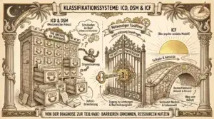 Illustration auf beige-farbenem Hintergrund mit schwarzen Konturen und Akzenten in Gold und Braun. Ornamentaler Rahmen mit korinthischen Säulen und Palmen. Oben links Halbmond, oben rechts Sonnenuhr. Oben mittig ein Banner: ‚Klassifikationssysteme: ICD, DSM & ICF'. Links ‚ICD & DSM (Medizinischer Fokus)': Ein massiver Aktenschrank ‚The Archive of Diagnosis' mit herausquellenden Akten und beschrifteten Schubladen – F84.0, ADHS, G20, F41.1. Eine Gedankenwolke: ‚Schubladen im Kopf (Stigma & Vorurteile)'. Darunter ein Totenkopf an einer Kette mit ‚Stigmatisierung'. Label: ‚Defizit-Orientierung'. In der Mitte ein ornamentales Tor ‚The Gate to Participation' mit einem goldenen Schlüssel ‚Diagnose' im Schloss. Darüber ein Band: ‚Notwendiger Türöffner – Unterstützung beantragen'. Darunter: ‚Zugang zu Leistungen & Nachteilsausgleich'. Rechts ‚ICF (Bio-psycho-soziales Modell)': Eine Steinbrücke im Sonnenlicht. Labels: ‚Teilhabe & Aktivität', ‚Kontextfaktoren (Umwelt & Person)', ‚Verbindet Medizin & Lebenswelt', ‚Weg vom Defizit'. Unten ein Banner: ‚Von der Diagnose zur Teilhabe: Barrieren erkennen, Ressourcen nutzen.'