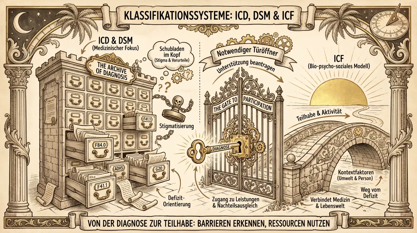 Illustration auf beige-farbenem Hintergrund mit schwarzen Konturen und Akzenten in Gold und Braun. Ornamentaler Rahmen mit korinthischen Säulen und Palmen. Oben links Halbmond, oben rechts Sonnenuhr. Oben mittig ein Banner: ‚Klassifikationssysteme: ICD, DSM & ICF'. Links ‚ICD & DSM (Medizinischer Fokus)': Ein massiver Aktenschrank ‚The Archive of Diagnosis' mit herausquellenden Akten und beschrifteten Schubladen – F84.0, ADHS, G20, F41.1. Eine Gedankenwolke: ‚Schubladen im Kopf (Stigma & Vorurteile)'. Darunter ein Totenkopf an einer Kette mit ‚Stigmatisierung'. Label: ‚Defizit-Orientierung'. In der Mitte ein ornamentales Tor ‚The Gate to Participation' mit einem goldenen Schlüssel ‚Diagnose' im Schloss. Darüber ein Band: ‚Notwendiger Türöffner – Unterstützung beantragen'. Darunter: ‚Zugang zu Leistungen & Nachteilsausgleich'. Rechts ‚ICF (Bio-psycho-soziales Modell)': Eine Steinbrücke im Sonnenlicht. Labels: ‚Teilhabe & Aktivität', ‚Kontextfaktoren (Umwelt & Person)', ‚Verbindet Medizin & Lebenswelt', ‚Weg vom Defizit'. Unten ein Banner: ‚Von der Diagnose zur Teilhabe: Barrieren erkennen, Ressourcen nutzen.'