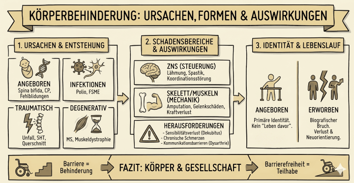 Sketchnote auf beige-farbenem Hintergrund mit schwarzen Konturen und Akzenten in Gold und Braun. Am oberen Rand befindet sich ein Banner mit dem Titel „KÖRPERBEHINDERUNG: URSACHEN, FORMEN & AUSWIRKUNGEN“.

Thematische Cluster:

    Links: „1. URSACHEN & ENTSTEHUNG“
    Unterteilt in vier Felder:

        Angeboren (Icons: Baby, DNA-Strang): Spina bifida, CP (Cerebralparese), Fehlbildungen.

        Infektionen (Icons: Virus, Nervenzelle): Polio, FSME.

        Traumatisch (Icons: Blitz, Wirbelsäule): Unfall, SHT (Schädel-Hirn-Trauma), Querschnitt.

        Degenerativ (Icons: Muskel, Sanduhr): MS (Multiple Sklerose), Muskeldystrophie.

    Mitte: „2. SCHADENSBEREICHE & AUSWIRKUNGEN“
    Drei zentrale Kästen mit Details:

        ZNS (STEUERUNG) mit Gehirn-Icon: Lähmung, Spastik, Koordinationsstörung.

        SKELETT/MUSKELN (MECHANIK) mit Knochen- und Muskel-Icon: Amputation, Gelenkschäden, Kraftverlust.

        HERAUSFORDERUNGEN mit Warndreieck-Icon: Sensibilitätsverlust (Dekubitus!), Chronische Schmerzen, Kommunikationsbarrieren (Dysarthrie).

    Rechts: „3. IDENTITÄT & LEBENSLAUF“
    Gegenüberstellung zweier Biografien:

        Angeboren (Icon: Person an Barren): Primäre Identität. Kein „Leben davor“.

        Erworben (Icon: Zwei durch einen Blitz getrennte Personen): Biografischer Bruch. Verlust & Neuorientierung.

Fußbereich:
Ein breites Banner mit der Aufschrift „FAZIT: KÖRPER & GESELLSCHAFT“.

    Auf der linken Seite zeigt ein Icon einen Rollstuhl vor einer Treppe mit dem Text: „Barriere = Behinderung“.

    Auf der rechten Seite zeigt ein Icon einen Rollstuhl auf einer Rampe mit dem Text: „Barrierefreiheit = Teilhabe“.