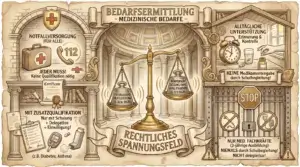 Illustration auf beige-farbenem, leicht vergilbtem Hintergrund mit schwarzen Konturen und Akzenten in Gold und Braun. Oben mittig ein Banner: ‚Bedarfsermittlung – Medizinische Bedarfe'. Im Zentrum ein Kuppelgebäude mit korinthischen Säulen und einer goldenen Apothekerwaage. Linke Waagschale: ‚Unterlassene Hilfeleistung (§ 323c StGB)'. Rechte Waagschale: ‚Körperverletzung ohne Qualifikation (§ 223 StGB)'. Darunter ein Band: ‚Rechtliches Spannungsfeld'. Links oben ein Bogen mit Sanitätskoffer, Telefon und ‚112'. Labels: ‚Notfallversorgung (für alle) – Jeder muss! Keine Qualifikation nötig'. Links unten ein Zertifikat, Bücher und medizinische Geräte – Inhalator, Blutzuckermessgerät, Medikamente. Labels: ‚Mit Zusatzqualifikation – Nur mit Schulung + Delegation + Einwilligung! (z.B. Diabetes, Asthma)'. Darunter ein Delegationsdokument. Rechts oben ein Wecker, ein Wasserglas und eine Hand mit Tabletten. Labels: ‚Alltägliche Unterstützung – Erinnerung & Kontrolle. KEINE Medikamentengabe durch Schulbegleitung!' Rechts unten ein verschlossenes Eisentor mit Stop-Schild und durchgestrichenen medizinischen Symbolen – Spritze und Infusion. Labels: ‚Nur med. Fachkräfte (3-jährige Ausbildung). NIEMALS durch Schulbegleitung! NICHT delegierbar!'