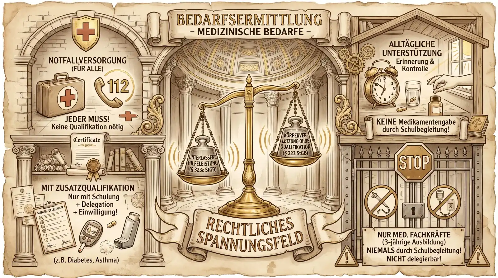 Illustration auf beige-farbenem, leicht vergilbtem Hintergrund mit schwarzen Konturen und Akzenten in Gold und Braun. Oben mittig ein Banner: ‚Bedarfsermittlung – Medizinische Bedarfe'. Im Zentrum ein Kuppelgebäude mit korinthischen Säulen und einer goldenen Apothekerwaage. Linke Waagschale: ‚Unterlassene Hilfeleistung (§ 323c StGB)'. Rechte Waagschale: ‚Körperverletzung ohne Qualifikation (§ 223 StGB)'. Darunter ein Band: ‚Rechtliches Spannungsfeld'. Links oben ein Bogen mit Sanitätskoffer, Telefon und ‚112'. Labels: ‚Notfallversorgung (für alle) – Jeder muss! Keine Qualifikation nötig'. Links unten ein Zertifikat, Bücher und medizinische Geräte – Inhalator, Blutzuckermessgerät, Medikamente. Labels: ‚Mit Zusatzqualifikation – Nur mit Schulung + Delegation + Einwilligung! (z.B. Diabetes, Asthma)'. Darunter ein Delegationsdokument. Rechts oben ein Wecker, ein Wasserglas und eine Hand mit Tabletten. Labels: ‚Alltägliche Unterstützung – Erinnerung & Kontrolle. KEINE Medikamentengabe durch Schulbegleitung!' Rechts unten ein verschlossenes Eisentor mit Stop-Schild und durchgestrichenen medizinischen Symbolen – Spritze und Infusion. Labels: ‚Nur med. Fachkräfte (3-jährige Ausbildung). NIEMALS durch Schulbegleitung! NICHT delegierbar!'