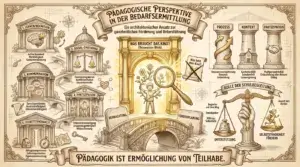 Illustration auf beige-farbenem Hintergrund mit schwarzen Konturen und Akzenten in Gold und Braun. Ornamentaler Rahmen mit Kompass oben links. Oben mittig ein Banner: ‚Pädagogische Perspektive in der Bedarfsermittlung – Ein architektonischer Ansatz zur ganzheitlichen Förderung und Unterstützung'. Im Zentrum ein goldener Torbogen mit einem leuchtenden Kind, das eine Blume hält, und einer Lupe: ‚Was braucht das Kind? (Ressourcen-Blick)'. Davor eine Brücke. Links ‚Beobachtung', rechts ‚Förderplanung'. Eine durchgestrichene Schriftrolle: ‚Was fehlt dem Kind?' Links fünf Gebäude als Förderbereiche: ‚1. Lernen/Kognition' mit Gehirn und Puzzlestück – Aufmerksamkeit, Merkfähigkeit, Gedächtnisleistung. ‚2. Sozial-Emotional' mit Waage und Emojis – Emotionsregulation, Konfliktverhalten, Impulskontrolle. ‚3. Kommunikation' mit Sprechblasen – Sprachverständnis, Ausdrucksfähigkeit, Interaktionsfähigkeit. ‚4. Partizipation' mit Figurengruppe – Unterrichtsbeteiligung, Gruppenzugehörigkeit, Mitbestimmung. ‚5. Selbstständigkeit' mit Rucksack, Schlüssel und Kompass – Alltagskompetenzen, Selbstorganisation, Eigenverantwortung. Rechts drei Säulen: ‚Prozess – Ressourcenorientierung, Dynamik, Entwicklung', ‚Kontext – Kontextualität, Schulumfeld, Lernumgebung', ‚Partizipation – Multiperspektivität, Einbeziehung aller Akteure, Dialog'. Rechts unten ‚Rolle der Schulbegleitung': Eine Waage mit zwei Seiten – ‚Unterstützung' mit einer haltenden Hand und Herz, ‚Selbstständigkeit fördern' mit einer laufenden Figur. Labels: ‚Begleiter auf dem Weg', ‚Impulsgeber', ‚Hilfe zur Selbsthilfe', ‚Anwalt des Kindes'. Unten ein Banner: ‚Pädagogik ist Ermöglichung von Teilhabe.'