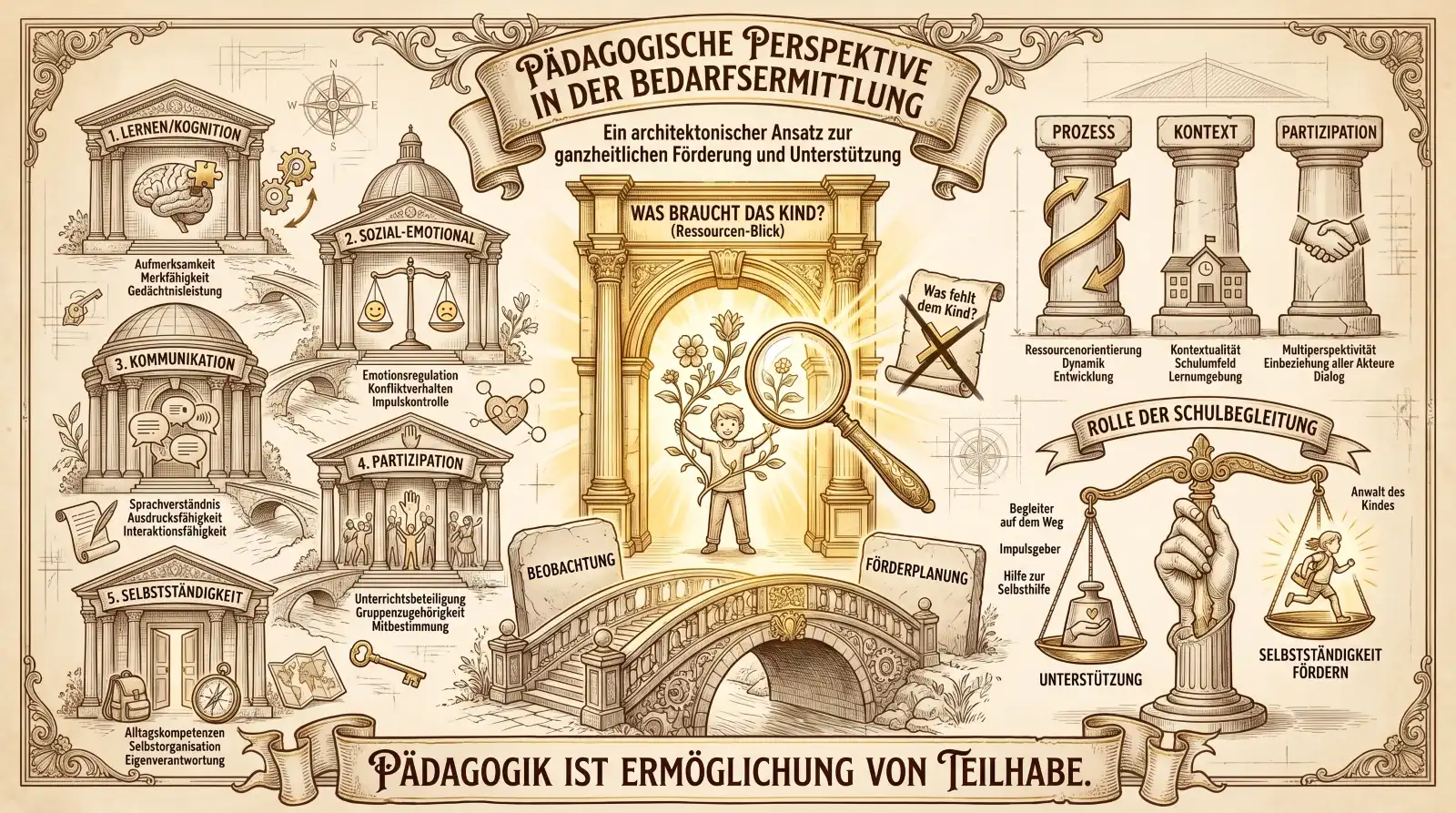 Illustration auf beige-farbenem Hintergrund mit schwarzen Konturen und Akzenten in Gold und Braun. Ornamentaler Rahmen mit Kompass oben links. Oben mittig ein Banner: ‚Pädagogische Perspektive in der Bedarfsermittlung – Ein architektonischer Ansatz zur ganzheitlichen Förderung und Unterstützung'. Im Zentrum ein goldener Torbogen mit einem leuchtenden Kind, das eine Blume hält, und einer Lupe: ‚Was braucht das Kind? (Ressourcen-Blick)'. Davor eine Brücke. Links ‚Beobachtung', rechts ‚Förderplanung'. Eine durchgestrichene Schriftrolle: ‚Was fehlt dem Kind?' Links fünf Gebäude als Förderbereiche: ‚1. Lernen/Kognition' mit Gehirn und Puzzlestück – Aufmerksamkeit, Merkfähigkeit, Gedächtnisleistung. ‚2. Sozial-Emotional' mit Waage und Emojis – Emotionsregulation, Konfliktverhalten, Impulskontrolle. ‚3. Kommunikation' mit Sprechblasen – Sprachverständnis, Ausdrucksfähigkeit, Interaktionsfähigkeit. ‚4. Partizipation' mit Figurengruppe – Unterrichtsbeteiligung, Gruppenzugehörigkeit, Mitbestimmung. ‚5. Selbstständigkeit' mit Rucksack, Schlüssel und Kompass – Alltagskompetenzen, Selbstorganisation, Eigenverantwortung. Rechts drei Säulen: ‚Prozess – Ressourcenorientierung, Dynamik, Entwicklung', ‚Kontext – Kontextualität, Schulumfeld, Lernumgebung', ‚Partizipation – Multiperspektivität, Einbeziehung aller Akteure, Dialog'. Rechts unten ‚Rolle der Schulbegleitung': Eine Waage mit zwei Seiten – ‚Unterstützung' mit einer haltenden Hand und Herz, ‚Selbstständigkeit fördern' mit einer laufenden Figur. Labels: ‚Begleiter auf dem Weg', ‚Impulsgeber', ‚Hilfe zur Selbsthilfe', ‚Anwalt des Kindes'. Unten ein Banner: ‚Pädagogik ist Ermöglichung von Teilhabe.'