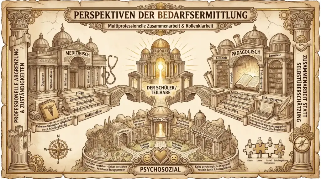 Illustration auf beige-farbenem Hintergrund mit schwarzen Konturen und Akzenten in Gold und Braun. Korinthische Säulen und Zahnräder rahmen die Sketchnote ein. Links unten ein Kompass. Oben mittig ein Banner: ‚Perspektiven der Bedarfsermittlung – Multiprofessionelle Zusammenarbeit & Rollenklarheit'. Im Zentrum ein strahlendes Kuppelgebäude mit der Aufschrift ‚Der Schüler / Teilhabe'. Drei Brücken führen von außen zum Zentrum. Links ‚Medizinisch': Ein klassisches Säulengebäude mit Stethoskop. Labels: ‚Diagnosen', ‚Vitalfunktionen', ‚Hilfsmittel', ‚Pflege', ‚Gesundheitszustand', ‚Therapiebedarf', ‚Medizinische Versorgung', ‚Notfallpläne'. Links außen vertikal: ‚Professionelle Abgrenzung & Zuständigkeiten'. Darunter: ‚Keine medizinischen Tätigkeiten durch Schulbegleitung'. Unten mittig ‚Psychosozial': Ein Gartenrund mit Brunnen und Herz. Labels: ‚Emotionen', ‚Soziales Gefüge', ‚Emotionale Bindung', ‚Emotionale Entwicklung', ‚Kognitive Prozesse', ‚Psychische Gesundheit'. Darunter: ‚Verhalten verstehen, Krisen verstehen, Begleiten, Konstante Bezugsperson'. Rechts davon: ‚Keine psychologische Diagnostik/Therapie durch Schulbegleitung'. Rechts ‚Pädagogisch': Ein Bibliotheksgebäude mit Schriftrolle, Bücherregal und Laptop. Labels: ‚Lernziele', ‚Förderpläne', ‚Teilhabe am Unterricht', ‚Nachteilsausgleich', ‚Lern- & Entwicklungsprozesse', ‚Selbstständigkeitsförderung', ‚Lernstandserhebungen', ‚Bildungszugang'. Rechts außen vertikal: ‚Zusammenarbeit statt Selbstüberschätzung'. Darunter: ‚Keine eigenständigen pädagogischen Maßnahmen durch Schulbegleitung'. Unten rechts vier Puzzleteile mit Labels: ‚Eltern', ‚Lehrer', ‚Ärzte/Therapeuten', ‚Schulbegleitung'.