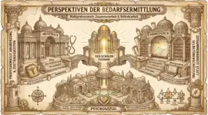 Illustration auf beige-farbenem Hintergrund mit schwarzen Konturen und Akzenten in Gold und Braun. Korinthische Säulen und Zahnräder rahmen die Sketchnote ein. Links unten ein Kompass. Oben mittig ein Banner: ‚Perspektiven der Bedarfsermittlung – Multiprofessionelle Zusammenarbeit & Rollenklarheit'. Im Zentrum ein strahlendes Kuppelgebäude mit der Aufschrift ‚Der Schüler / Teilhabe'. Drei Brücken führen von außen zum Zentrum. Links ‚Medizinisch': Ein klassisches Säulengebäude mit Stethoskop. Labels: ‚Diagnosen', ‚Vitalfunktionen', ‚Hilfsmittel', ‚Pflege', ‚Gesundheitszustand', ‚Therapiebedarf', ‚Medizinische Versorgung', ‚Notfallpläne'. Links außen vertikal: ‚Professionelle Abgrenzung & Zuständigkeiten'. Darunter: ‚Keine medizinischen Tätigkeiten durch Schulbegleitung'. Unten mittig ‚Psychosozial': Ein Gartenrund mit Brunnen und Herz. Labels: ‚Emotionen', ‚Soziales Gefüge', ‚Emotionale Bindung', ‚Emotionale Entwicklung', ‚Kognitive Prozesse', ‚Psychische Gesundheit'. Darunter: ‚Verhalten verstehen, Krisen verstehen, Begleiten, Konstante Bezugsperson'. Rechts davon: ‚Keine psychologische Diagnostik/Therapie durch Schulbegleitung'. Rechts ‚Pädagogisch': Ein Bibliotheksgebäude mit Schriftrolle, Bücherregal und Laptop. Labels: ‚Lernziele', ‚Förderpläne', ‚Teilhabe am Unterricht', ‚Nachteilsausgleich', ‚Lern- & Entwicklungsprozesse', ‚Selbstständigkeitsförderung', ‚Lernstandserhebungen', ‚Bildungszugang'. Rechts außen vertikal: ‚Zusammenarbeit statt Selbstüberschätzung'. Darunter: ‚Keine eigenständigen pädagogischen Maßnahmen durch Schulbegleitung'. Unten rechts vier Puzzleteile mit Labels: ‚Eltern', ‚Lehrer', ‚Ärzte/Therapeuten', ‚Schulbegleitung'.