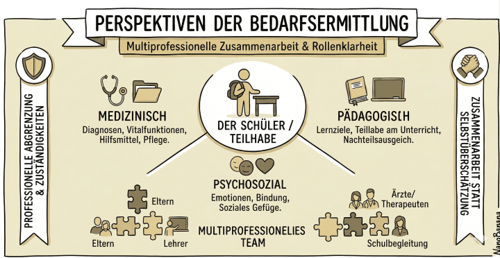 Sketchnote auf beige-farbenem Hintergrund mit schwarzen Konturen und Akzenten in Gold und Braun. Am oberen Rand befindet sich ein Banner mit dem Titel „PERSPEKTIVEN DER BEDARFSERMITTLUNG“ und dem Untertitel „Multiprofessionelle Zusammenarbeit & Rollenklarheit“.

Zentrales Element: In der Mitte befindet sich ein weißer Kreis mit der Abbildung einer Person, die an einem Tisch sitzt. Der Kreis ist beschriftet mit „DER SCHÜLER / TEILHABE“.

Thematische Cluster: Drei Bereiche sind um das Zentrum angeordnet:

    Oben links: Überschrift „MEDIZINISCH“ mit den Icons eines Stethoskops und einer Mappe. Text: „Diagnosen, Vitalfunktionen, Hilfsmittel, Pflege.“

    Oben rechts: Überschrift „PÄDAGOGISCH“ mit den Icons eines aufgeschlagenen Buches und einer Schultafel. Text: „Lernziele, Teilhabe am Unterricht, Nachteilsausgleich.“

    Unten mittig: Überschrift „PSYCHOSOZIAL“ mit den Icons von zwei Gesichtern und einem Herz. Text: „Emotionen, Bindung, Soziales Gefüge.“

Seitliche Banner:

    Links (vertikal): Ein Banner mit einem Schild-Icon und dem Text „PROFESSIONELLE ABGRENZUNG & ZUSTÄNDIGKEITEN“.

    Rechts (vertikal): Ein Banner mit einem Handschlag-Icon und dem Text „ZUSAMMENARBEIT STATT SELBSTÜBERSCHÄTZUNG“.

Fußbereich: Ganz unten steht die Überschrift „MULTIPROFESSIONELLES TEAM“. Darunter sind verschiedene Puzzleteile und kleine Personen-Icons abgebildet, die mit „Eltern“, „Lehrer“, „Ärzte/Therapeuten“ und „Schulbegleitung“ beschriftet sind.