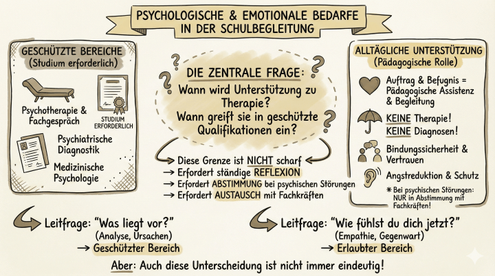 Sketchnote auf beige-farbenem Hintergrund mit schwarzen Konturen und Akzenten in Gold und Braun. Am oberen Rand befindet sich ein Banner mit dem Titel „PSYCHOLOGISCHE & EMOTIONALE BEDARFE IN DER SCHULBEGLEITUNG“. Das Bild ist in drei vertikale Bereiche gegliedert.

Linker Bereich (Schraffierter Rahmen): Überschrift „GESCHÜTZTE BEREICHE (Studium erforderlich)“. Gezeigte Symbole: Eine klassische Psychotherapie-Liege, eine Urkunde mit Siegel (beschriftet mit „Studium erforderlich“) und eine medizinische Patientenakte. Text daneben: „Psychotherapie & Fachgespräch“, „Psychiatrische Diagnostik“ und „Medizinische Psychologie“.

Mittlerer Bereich: Eine zentrale, von Fragezeichen umgebene Wolke mit der Aufschrift „DIE ZENTRALE FRAGE: Wann wird Unterstützung zu Therapie? Wann greift sie in geschützte Qualifikationen ein?“. Darunter führen Pfeile zu vier Merksätzen: „Diese Grenze ist NICHT scharf“, „Erfordert ständige REFLEXION“, „Erfordert ABSTIMMUNG bei psychischen Störungen“ und „Erfordert AUSTAUSCH mit Fachkräften“.

Rechter Bereich (Abgerundeter Rahmen): Überschrift „ALLTÄGLICHE UNTERSTÜTZUNG (Pädagogische Rolle)“. Gezeigte Symbole: Ein Herz, ein durchgestrichener Regenschirm, zwei Köpfe im Dialog und ein Ohr mit Schallwellen. Text daneben: „Auftrag & Befugnis = Pädagogische Assistenz & Begleitung“, „KEINE Therapie! KEINE Diagnosen!“, „Bindungssicherheit & Vertrauen“ sowie „Angstreduktion & Schutz“.

Unterer Bereich: Zwei große geschwungene Pfeile weisen auf zwei Leitfragen hin.

    Linker Pfeil: „Leitfrage: ‚Was liegt vor?‘ (Analyse, Ursachen) -> Geschützter Bereich“.

    Rechter Pfeil: „Leitfrage: ‚Wie fühlst du dich jetzt?‘ (Empathie, Gegenwart) -> Erlaubter Bereich“.
    Ganz unten steht der abschließende Satz: „Aber: Auch diese Unterscheidung ist nicht immer eindeutig!“.