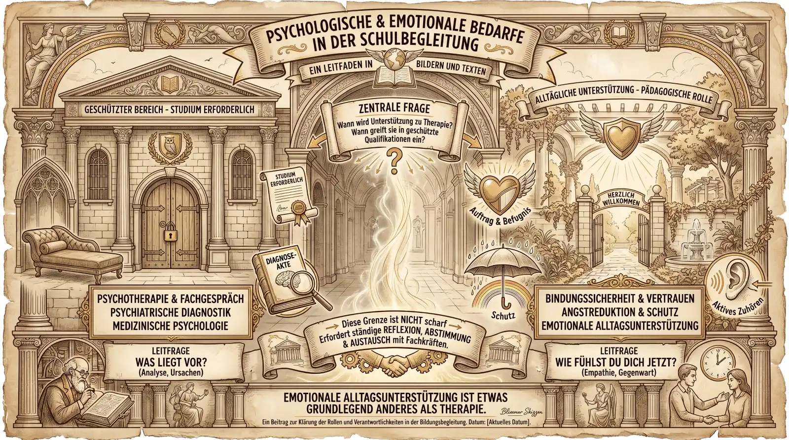 Illustration auf beige-farbenem Hintergrund mit schwarzen Konturen und Akzenten in Gold und Braun. Ornamentaler Bogen mit klassischen Figuren als Rahmen. Oben mittig zwei Banner: ‚Psychologische & emotionale Bedarfe in der Schulbegleitung' und darunter ‚Ein Leitfaden in Bildern und Texten'. Links ein gotisches Universitätsgebäude mit Eule, Vorhängeschloss und Chaiselongue davor. Label: ‚Geschützter Bereich – Studium erforderlich'. Darunter: ‚Psychotherapie & Fachgespräch, Psychiatrische Diagnostik, Medizinische Psychologie'. Leitfrage: ‚Was liegt vor? (Analyse, Ursachen)'. Davor eine Diagnosakte mit Lupe. In der Mitte ein langer Korridor mit geflügeltem Herz: ‚Auftrag & Befugnis'. Eine Schriftrolle: ‚Zentrale Frage – Wann wird Unterstützung zu Therapie? Wann greift sie in geschützte Qualifikationen ein?' Darunter: ‚Diese Grenze ist NICHT scharf – Erfordert ständige Reflexion, Abstimmung & Austausch mit Fachkräften.' Ein Händedruck mit Zahnrädern. Rechts ein heller Garten mit offenem Tor, Brunnen und Schild: ‚Herzlich Willkommen'. Ein Regenschirm mit Regenbogen: ‚Schutz'. Label: ‚Alltägliche Unterstützung – Pädagogische Rolle'. Darunter: ‚Bindungssicherheit & Vertrauen, Angstreduktion & Schutz, Emotionale Alltagsunterstützung'. Leitfrage: ‚Wie fühlst du dich jetzt? (Empathie, Gegenwart)'. Ein Ohr mit ‚Aktives Zuhören'. Rechts unten eine Schulbegleiterin im Gespräch mit einem Kind. Unten ein Banner: ‚Emotionale Alltagsunterstützung ist etwas grundlegend anderes als Therapie.'