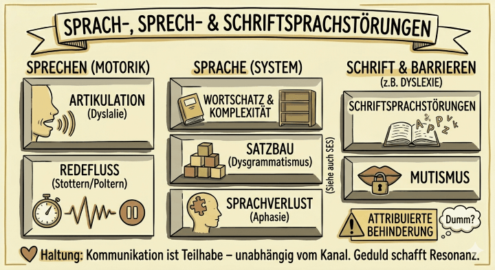 Sketchnote auf beige-farbenem Hintergrund mit schwarzen Konturen und Akzenten in Gold und Braun. Am oberen Rand befindet sich ein Banner mit dem Titel „SPRACH-, SPRECH- & SCHRIFTSPRACHSTÖRUNGEN“.

Thematische Spalten:
Die Grafik ist in drei vertikale Bereiche unterteilt:

    Links: „SPRECHEN (MOTORIK)“

        Oberer Kasten: „ARTIKULATION (Dyslalie)“ mit dem Icon eines Mundes, der Schallwellen aussendet.

        Unterer Kasten: „REDEFLUSS (Stottern/Poltern)“ mit den Icons einer Stoppuhr, einer unregelmäßigen Wellenlinie und einer Pause-Taste.

    Mitte: „SPRACHE (SYSTEM)“

        Oberer Kasten: „WORTSCHATZ & KOMPLEXITÄT“ mit den Icons eines Buches und eines (leeren) Bücherregals.

        Mittlerer Kasten: „SATZBAU (Dysgrammatismus)“ mit dem Icon von aufeinandergestapelten Bauklötzen.

        Unterer Kasten: „SPRACHVERLUST (Aphasie)“ mit dem Icon eines Kopfes, in dessen Mitte ein Puzzleteil fehlt.

        Seitlich am Rand steht in Klammern der Hinweis: „(Siehe auch SES)“.

    Rechts: „SCHRIFT & BARRIEREN“

        Oberer Kasten: „DYSLEXIE“ mit einem Buch-Icon und darüber schwebenden Buchstaben.

        Mittlerer Kasten: „MUTISMUS“ mit dem Icon eines Mundes, der mit einem Vorhängeschloss verschlossen ist.

        Darunter befindet sich ein gelb hinterlegtes Warnsymbol mit dem Text „ATTRIBUIERTE BEHINDERUNG“ und einer Gedankenblase mit der Frage „Dumm?“.

Fußbereich:
Ganz unten verläuft ein langes Banner mit einem Herz-Symbol und der Aufschrift: „Haltung: Kommunikation ist Teilhabe – unabhängig vom Kanal. Geduld schafft Resonanz.“