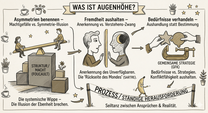 Sketchnote auf beige-farbenem Hintergrund mit schwarzen Konturen und Akzenten in Gold und Braun. Am oberen Rand befindet sich ein Banner mit dem Titel „WAS IST AUGENHÖHE?“. Die Grafik ist in drei vertikale Bereiche gegliedert, die durch Pfeile lose miteinander verbunden sind.

Die linke Spalte trägt die Überschrift „Asymmetrien benennen – Machtgefälle vs. Symmetrie-Illusion“. Sie zeigt eine hölzerne Wippe, die auf einem massiven, grauen Steinblock ruht. Auf dem Block steht in Großbuchstaben „STRUKTUR / MACHT (FOUCAULT)“. Auf der Wippe sitzen zwei Personen; die linke befindet sich in einer tieferen Position als die rechte. Unter der Illustration steht: „Die systemische Wippe – Die Illusion der Ebenheit brechen“.

Der mittlere Bereich trägt die Überschrift „Fremdheit aushalten – Anerkennung vs. Verstehens-Zwang“. Zwei menschliche Profile stehen sich gegenüber, getrennt durch eine schmale, senkrechte goldene Barriere. Das linke Profil ist hell gezeichnet, das rechte Profil ist dunkel schattiert und zeigt im Inneren des Kopfes ein Symbol des Mondes mit einer beleuchteten Sichel und einer dunklen Seite. Text darunter: „Anerkennung des Unverfügbaren. Die ‚Rückseite des Mondes‘ (SARTRE)“.

Die rechte Spalte trägt die Überschrift „Bedürfnisse verhandeln – Aushandlung statt Bestimmung“. Oben halten zwei Hände unterschiedliche geometrische Formen (einen Stern und einen Kreis mit Aussparung) fest. Darunter werden zwei weitere Formen von einer großen, goldenen Schraubzwinge zusammengehalten, auf der „GEMEINSAME STRATEGIE (GFK)“ steht. Text darunter: „Bedürfnisse vs. Strategien. Konfliktfähigkeit aushalten“.

Am unteren Bildrand ist ein langes Banner zwischen zwei Holzpfosten gespannt. Auf dem Banner steht „PROZESS / STÄNDIGE HERAUSFORDERUNG“. Eine kleine, stilisierte Bananenfigur balanciert mit einer Stange auf dem oberen Rand des Banners. Darunter steht der Satz: „Seiltanz zwischen Ansprüchen & Realität“.

In den Randbereichen der Sketchnote sind dekorative Elemente wie Kaffeetassen, kleine Sterne und Zimmerpflanzen in Töpfen verteilt.