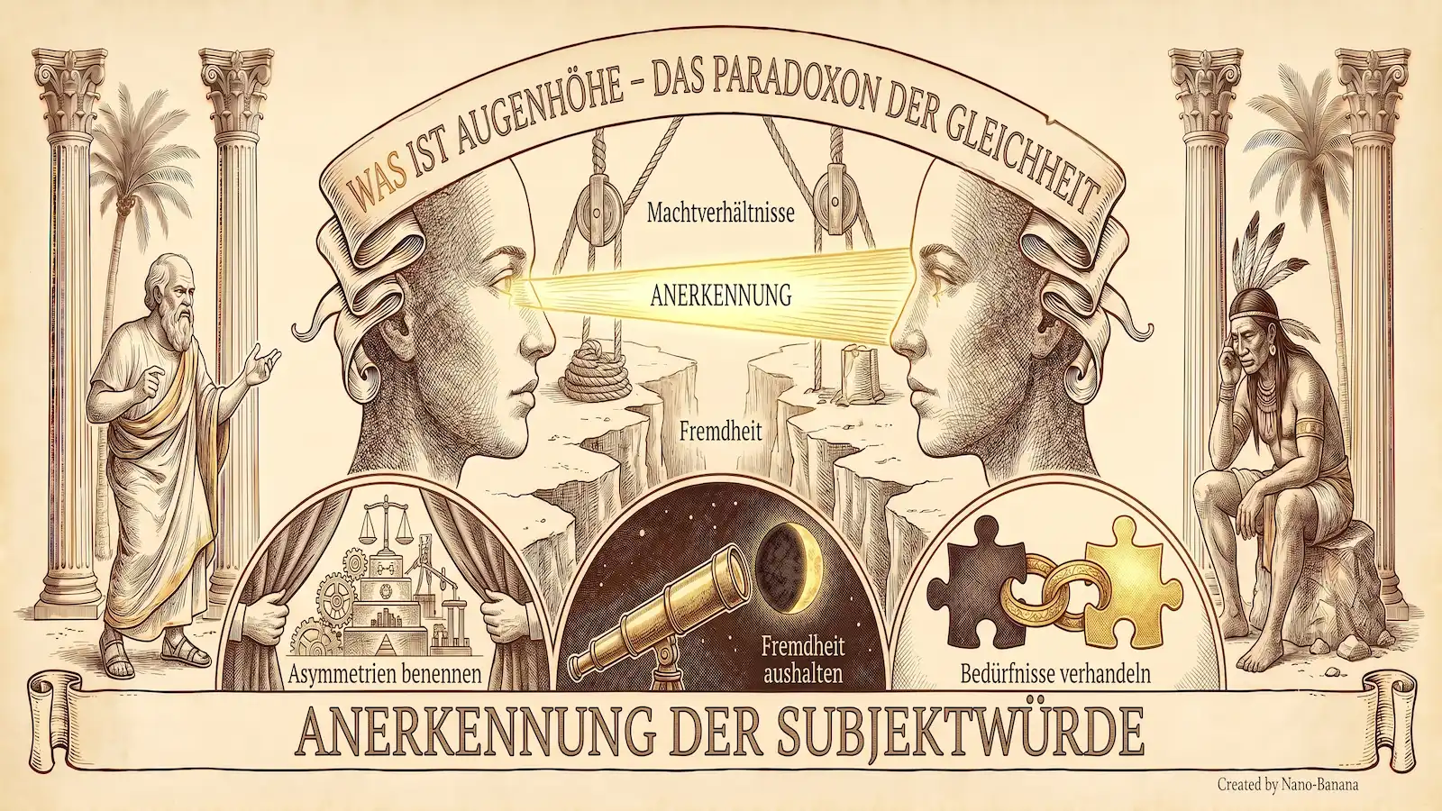 Illustration auf beige-farbenem Hintergrund mit schwarzen Konturen und Akzenten in Gold und Braun.
Oben mittig ein geschwungenes Banner: ‚Was ist Augenhöhe – Das Paradoxon der Gleichheit'.
Im Zentrum zwei menschliche Gesichter im Profil, einander zugewandt. Zwischen ihnen ein goldener Lichtstrahl mit der Aufschrift ‚Anerkennung'. Darüber ‚Machtverhältnisse' mit einem Flaschenzug. Darunter ‚Fremdheit' mit einer Schlucht und einem Seil über dem Abgrund.
Unten drei runde Medaillons: Links ‚Asymmetrien benennen' mit einer Waage, Zahnrädern und einer Figur, die einen Vorhang aufzieht. Mittig ‚Fremdheit aushalten' mit einem goldenen Teleskop, das in einen dunklen Sternenhimmel blickt. Rechts ‚Bedürfnisse verhandeln' mit zwei ineinandergreifenden Puzzleteilen – eines dunkel, eines gold.
Links eine griechische Gelehrtenfigur stehend, mit ausgestrecktem Arm. Dahinter eine korinthische Säule und eine Palme.
Rechts eine indigene Figur mit Federschmuck, sitzend und nachdenkend. Dahinter eine korinthische Säule und eine Palme.
Unten ein Banner: ‚Anerkennung der Subjektwürde'. Unten rechts: ‚Created by Nano-Banana.'