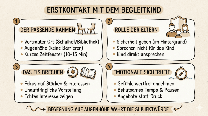 Sketchnote auf beige-farbenem Hintergrund mit schwarzen Konturen und Akzenten in Gold und Braun. Die Überschrift lautet „ERSTKONTAKT MIT DEM BEGLEITKIND“. Das Bild ist in vier nummerierte, abgerundete Kästen unterteilt, die in einem 2x2-Raster angeordnet sind.

Kasten 1 (oben links): Überschrift „1 DER PASSENDE RAHMEN“. Symbol: Zwei einfache Holzstühle, die sich gegenüberstehen. Text darunter: „Vertrauter Ort (Schulhof/Bibliothek)“, „Augenhöhe (keine Barrieren)“ und „Kurzes Zeitfenster (10-15 Min)“.

Kasten 2 (oben rechts): Überschrift „2 ROLLE DER ELTERN“. Symbol: Eine Gruppe aus drei Personen (zwei Erwachsene, ein Kind), die hinter der Umrisslinie eines großen Schildes stehen. Text darunter: „Sicherheit geben (im Hintergrund)“, „Sprechen nicht für das Kind“ und „Kind direkt ansprechen“.

Kasten 3 (unten links): Überschrift „3 DAS EIS BRECHEN“. Symbole: Ein Fußball und ein aufgeschlagenes Buch. Text darunter: „Fokus auf Stärken & Interessen“, „Unaufdringliche Vorstellung“ und „Echtes Interesse zeigen“.

Kasten 4 (unten rechts): Überschrift „4 EMOTIONALE SICHERHEIT“. Symbol: Ein Kompass, der über stilisierten Wellen schwebt. Text darunter: „Gefühle wertfrei annehmen“, „Behutsames Tempo & Pausen“ und „Angebote statt Druck“.

Am unteren Bildrand befindet sich ein braun schattierter Balken mit dem Text in Großbuchstaben: „BEGEGNUNG AUF AUGENHÖHE WAHRT DIE SUBJEKTWÜRDE.“ Zwei geschwungene Pfeile an den Seiten deuten auf diesen Satz hin.